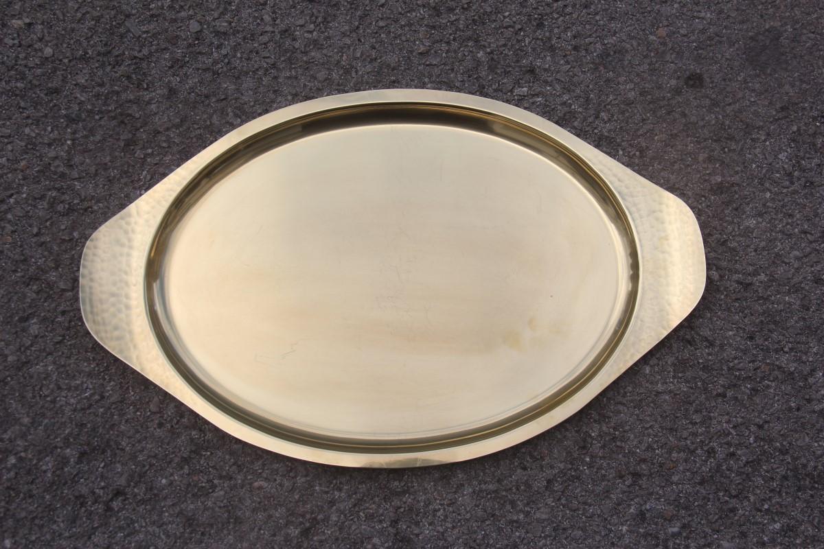 Oval Gold Brass Hand-Embossed Brass Tray and Italian 1970 Hammered Design 1