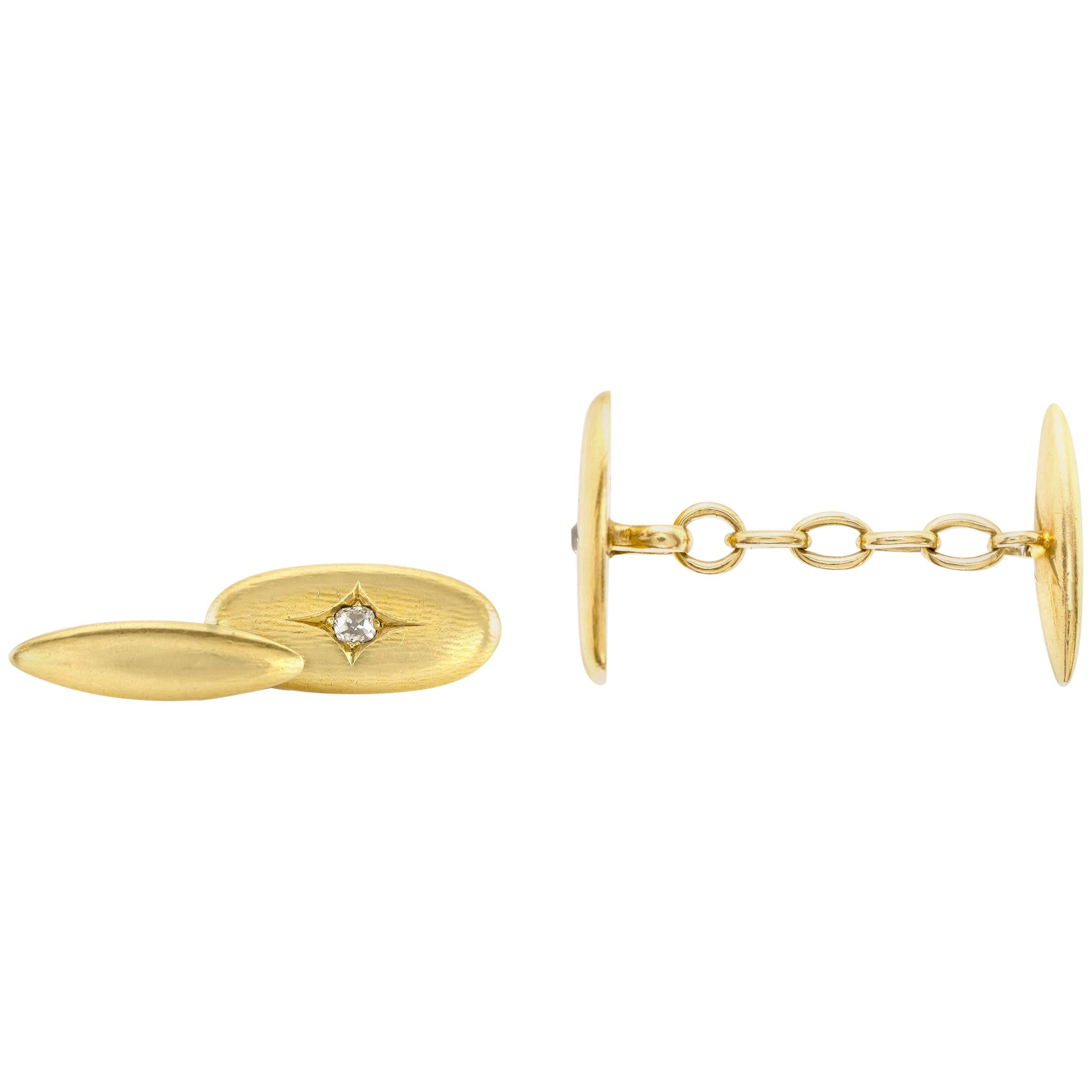 Oval Gold Cufflinks with Diamond For Sale
