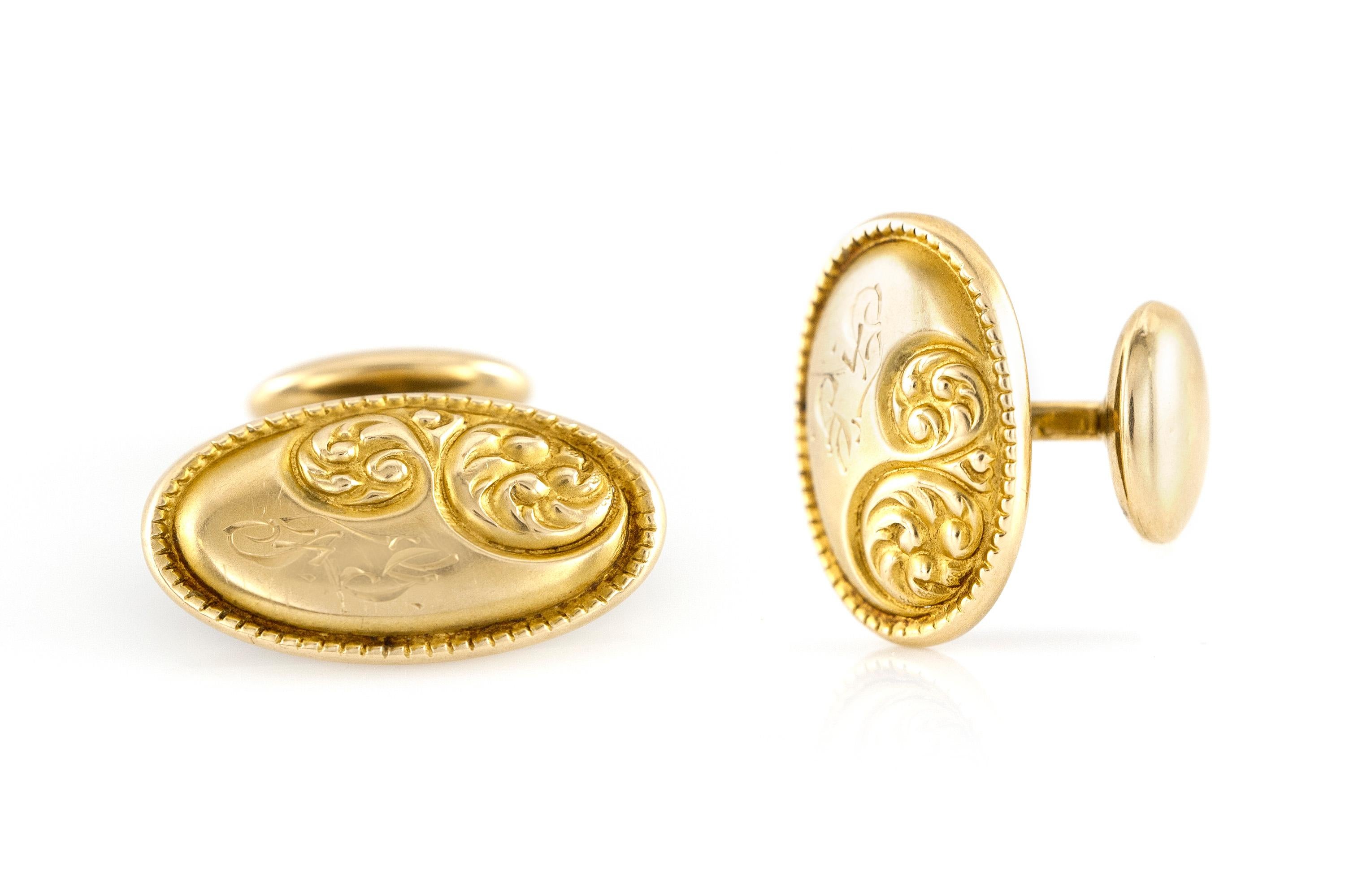 Cufflinks finely crafted in 14k yellow gold, weighing 2.5 dwt., size of each cufflink is 0.50 inch. Circa 1920.

