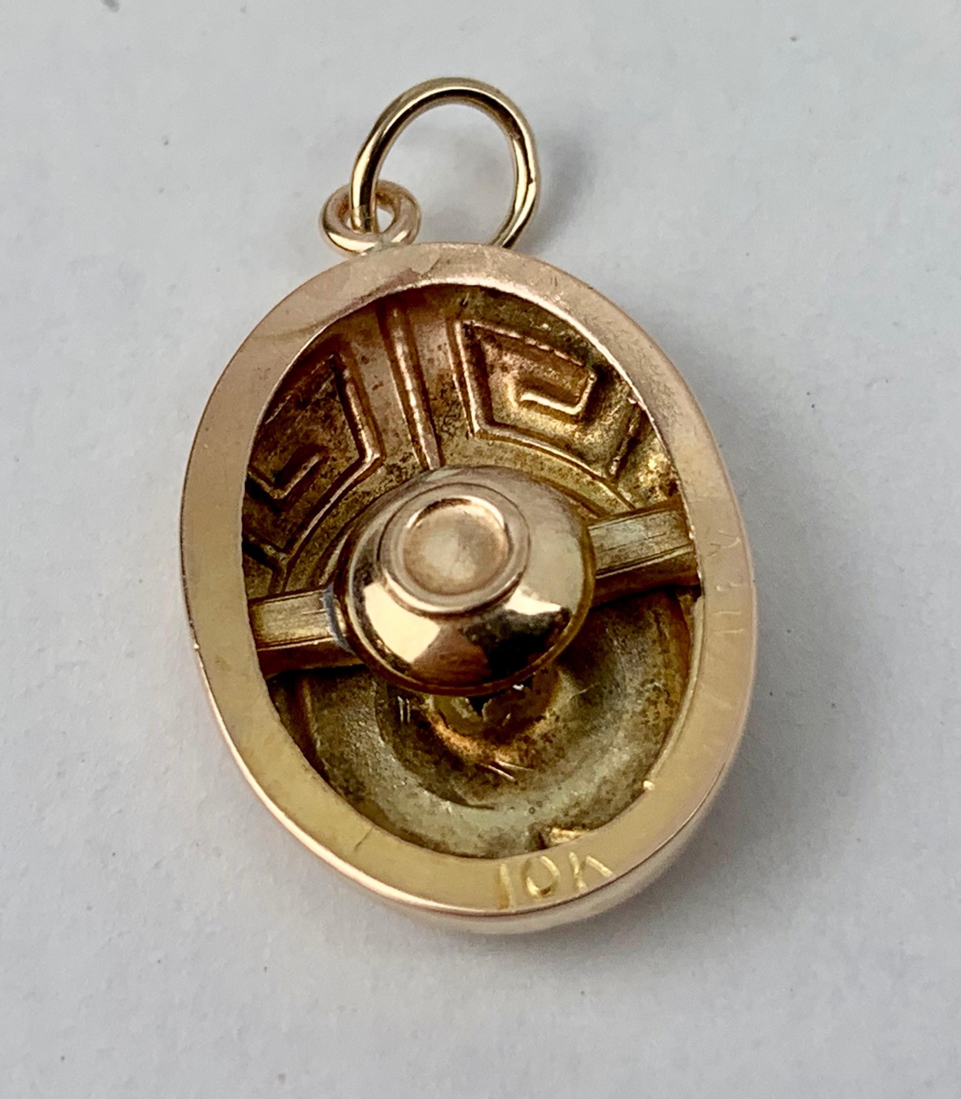 Round Cut  Pendant of Oval Shape with Greek Key Motif & Diamond set in 10K Yellow Gold 