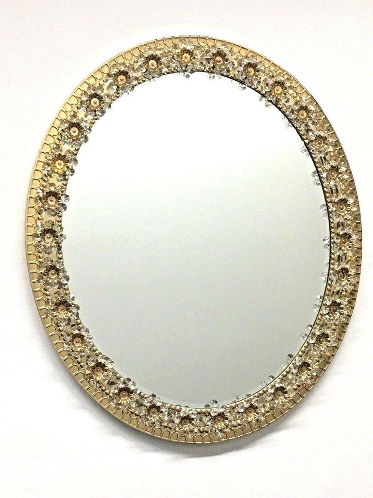 Oval Gold Plated Brass and Crystal Flowers Mirror by Palwa, circa 1960s at 1stDibs