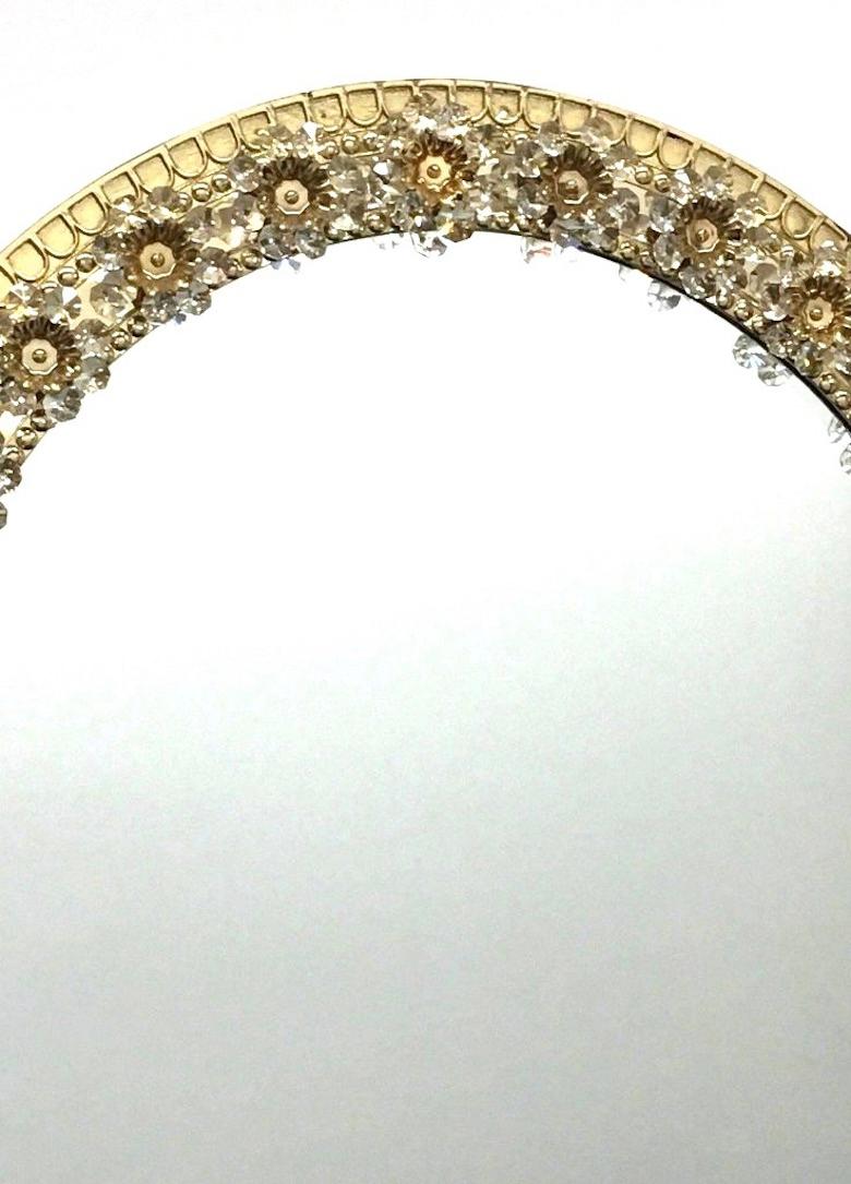 Mid-20th Century Oval Gold Plated Brass and Crystal Flowers Mirror by Palwa, circa 1960s