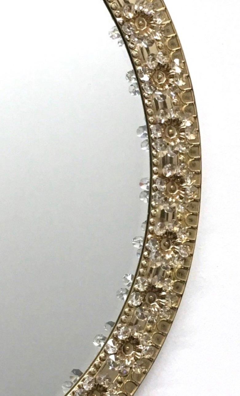 Metal Oval Gold Plated Brass and Crystal Flowers Mirror by Palwa, circa 1960s