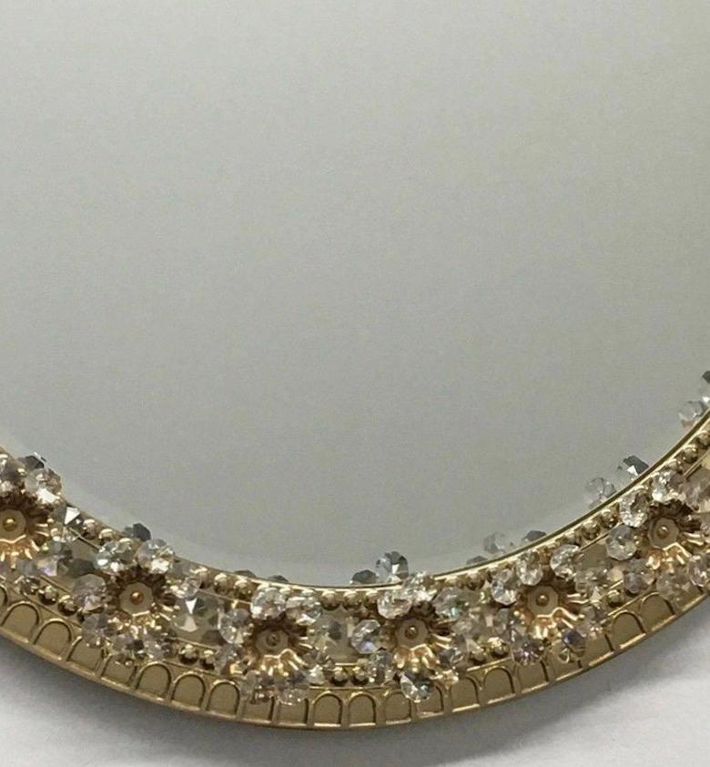 Oval Gold Plated Brass and Crystal Flowers Mirror by Palwa, circa 1960s 1