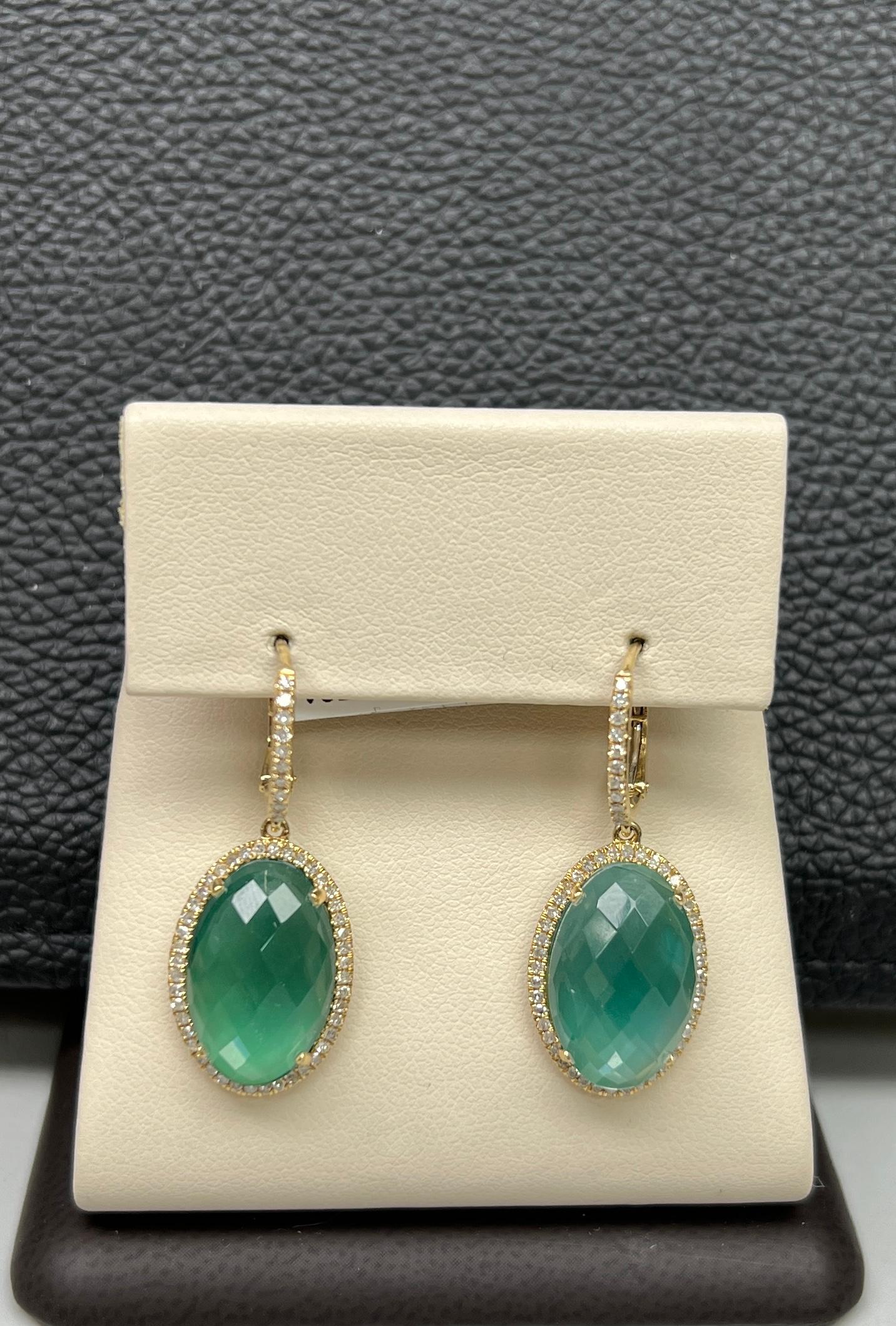 14K Solid Yellow Gold Diamond Green Agate Earrings 
High Polish Finish  
Handset Natural White Diamond .47 Total Carat Weight 
Excellent Full Cut Round Stones H Color SI 
Natural Oval Shape Green Agate Gem Stones  
Natural White Topaz Backing
Brand