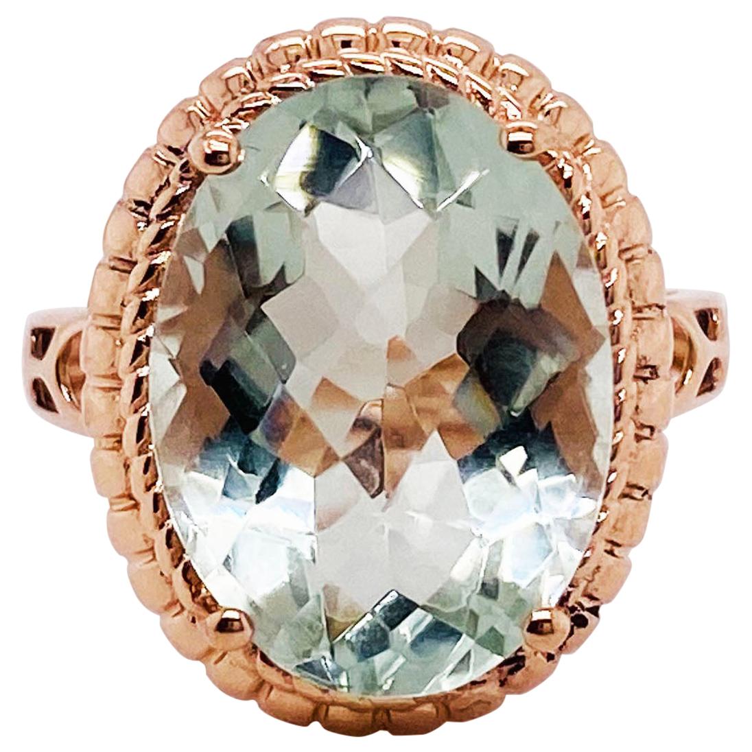 Oval Green Amethyst Rose Gold Ring, 14 Karat Gold 8.50 Carat Amethyst Gemstone For Sale