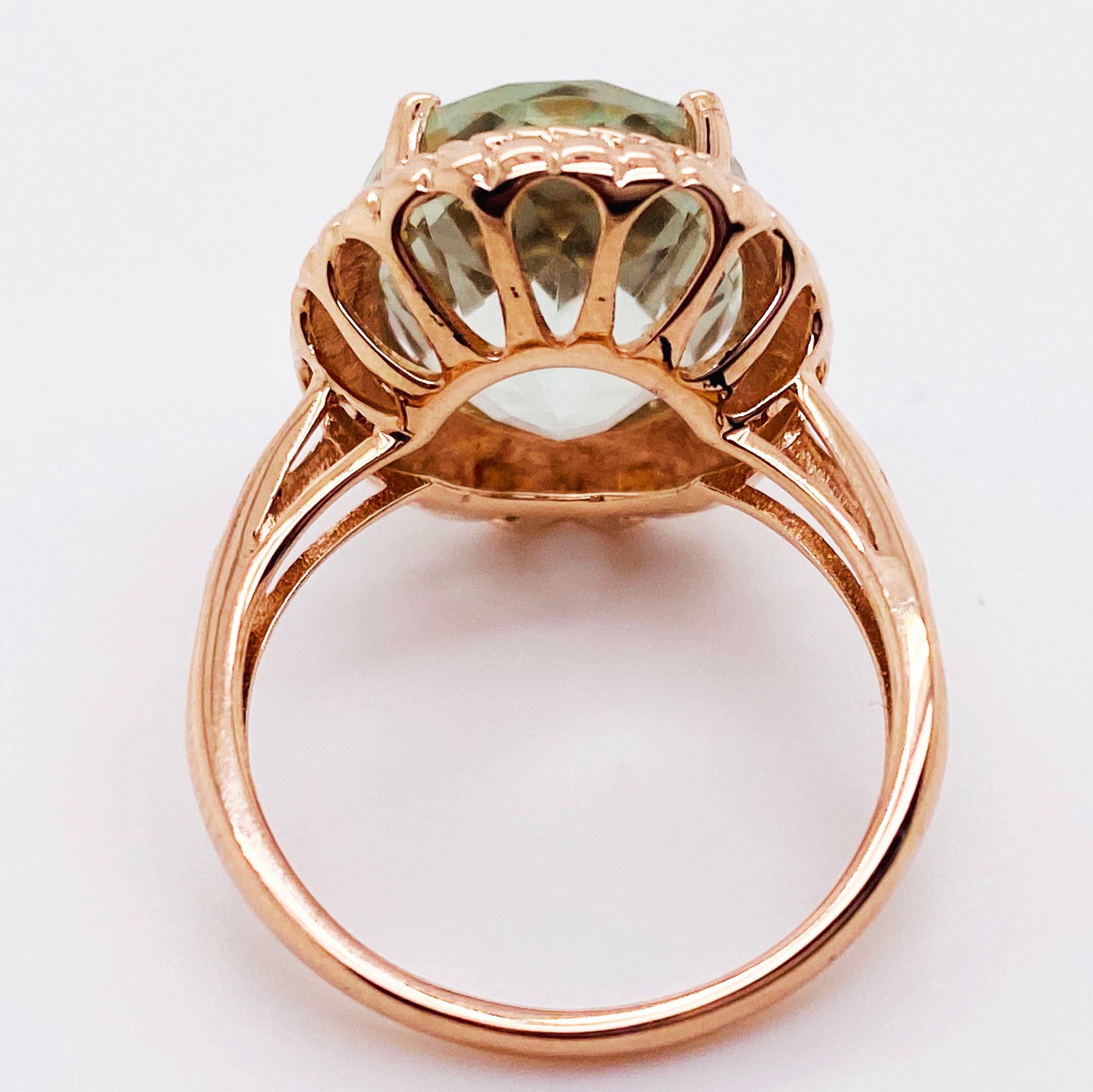 Taille ovale Bague en or rose 14 carats avec améthyste verte ovale, pierre précieuse améthyste de 8,50 carats
