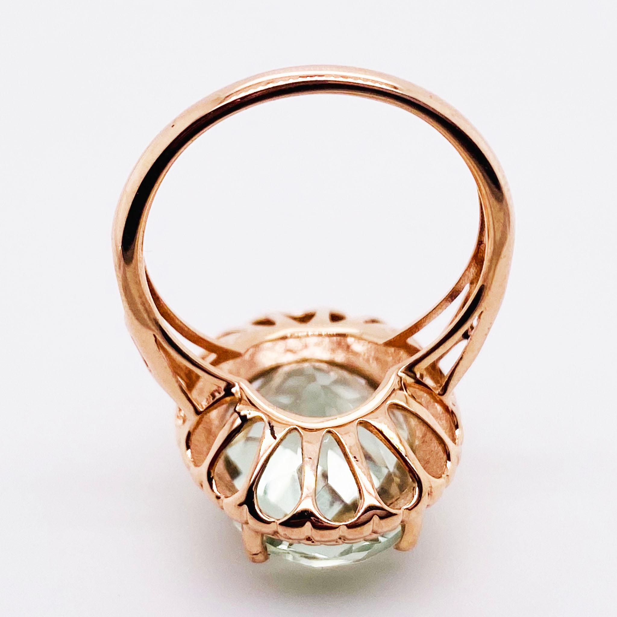 Modern Oval Green Amethyst Rose Gold Ring, 14 Karat Gold 8.50 Carat Amethyst Gemstone For Sale