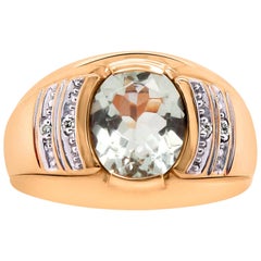 Oval Green Amethyst White Diamond Men’s Gent's Band Ring 14K Rose Gold