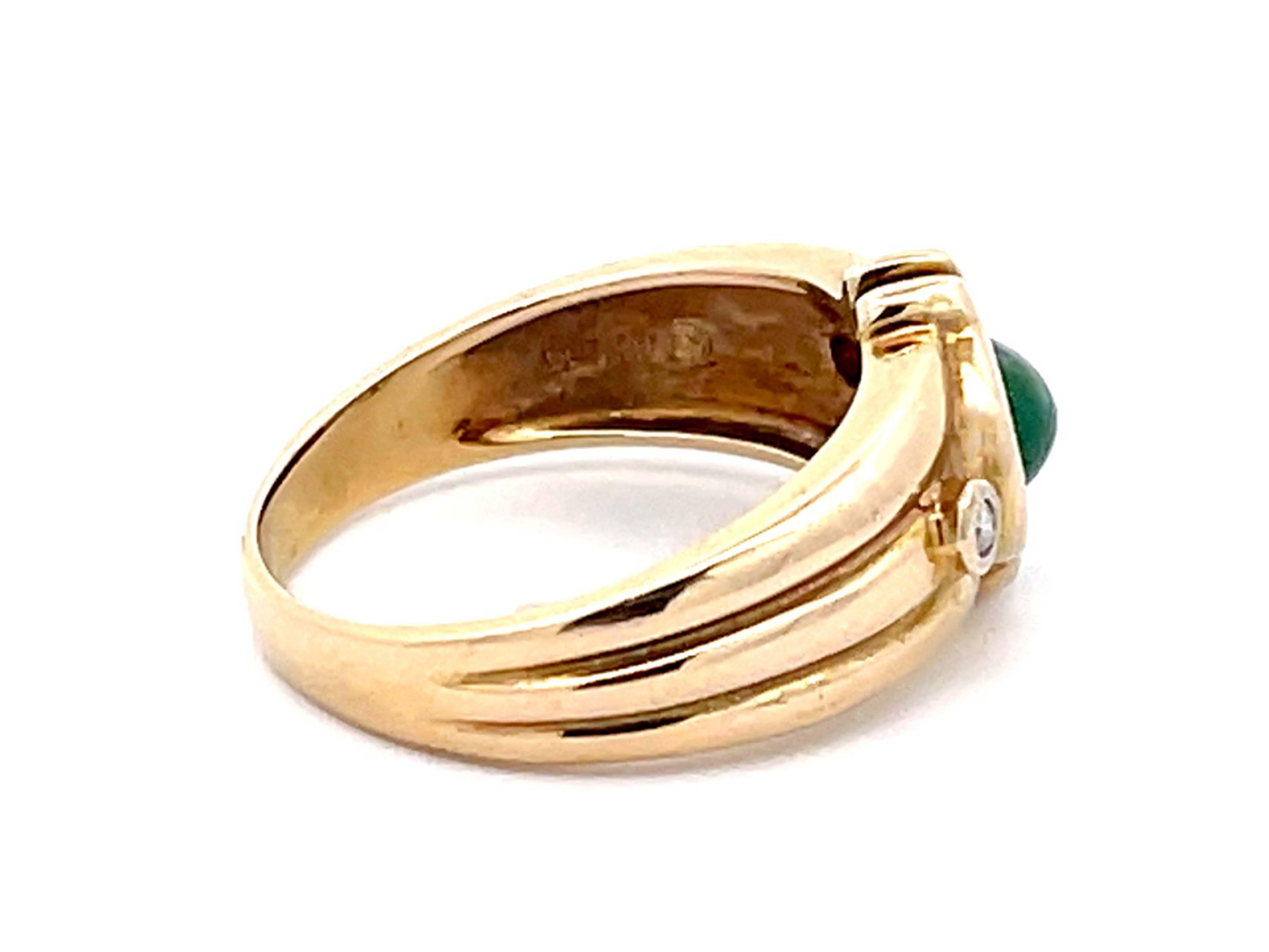 Modern Oval Green Cabochon Emerald and Diamond Ring in 14k Yellow Gold For Sale