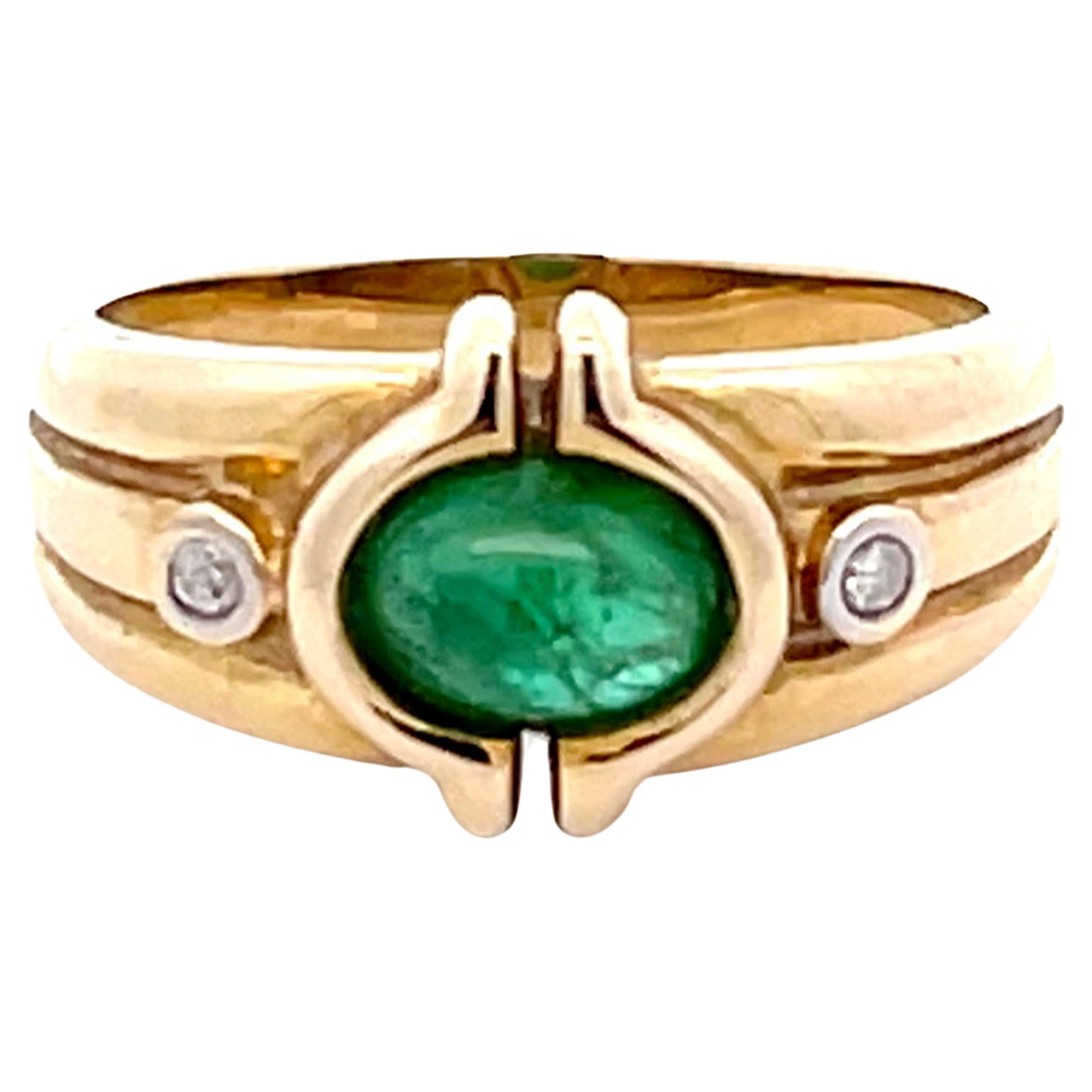 Oval Green Cabochon Emerald and Diamond Ring in 14k Yellow Gold For Sale