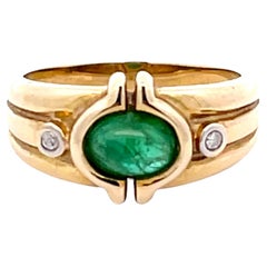 Oval Green Cabochon Emerald and Diamond Ring in 14k Yellow Gold