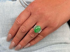 Oval Green Cabochon Jade 6 Diamond Ring 14K White Gold