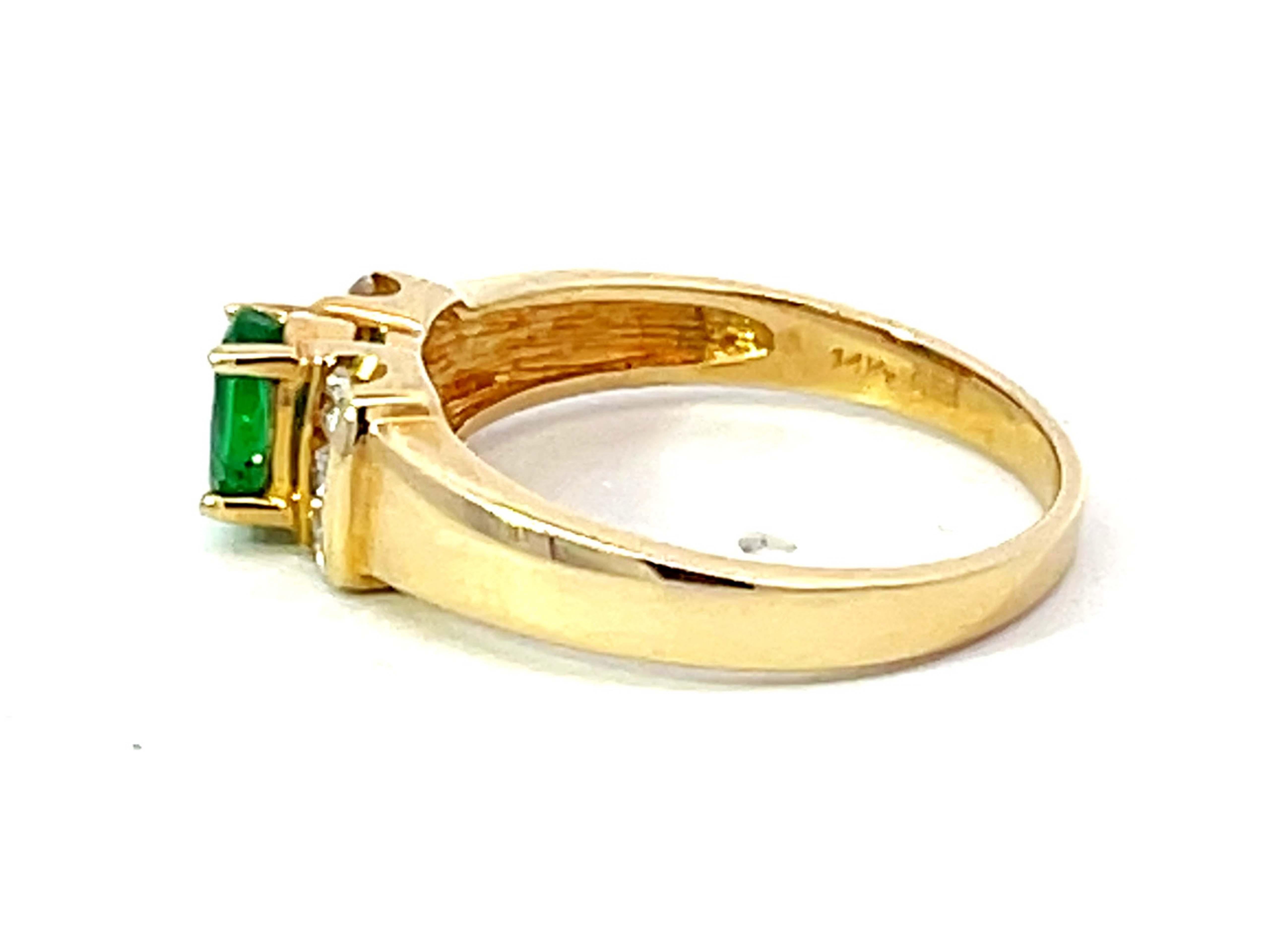 Women's or Men's Oval Green Emerald and 6 Diamond Stackable Ring in 14k Yellow Gold For Sale