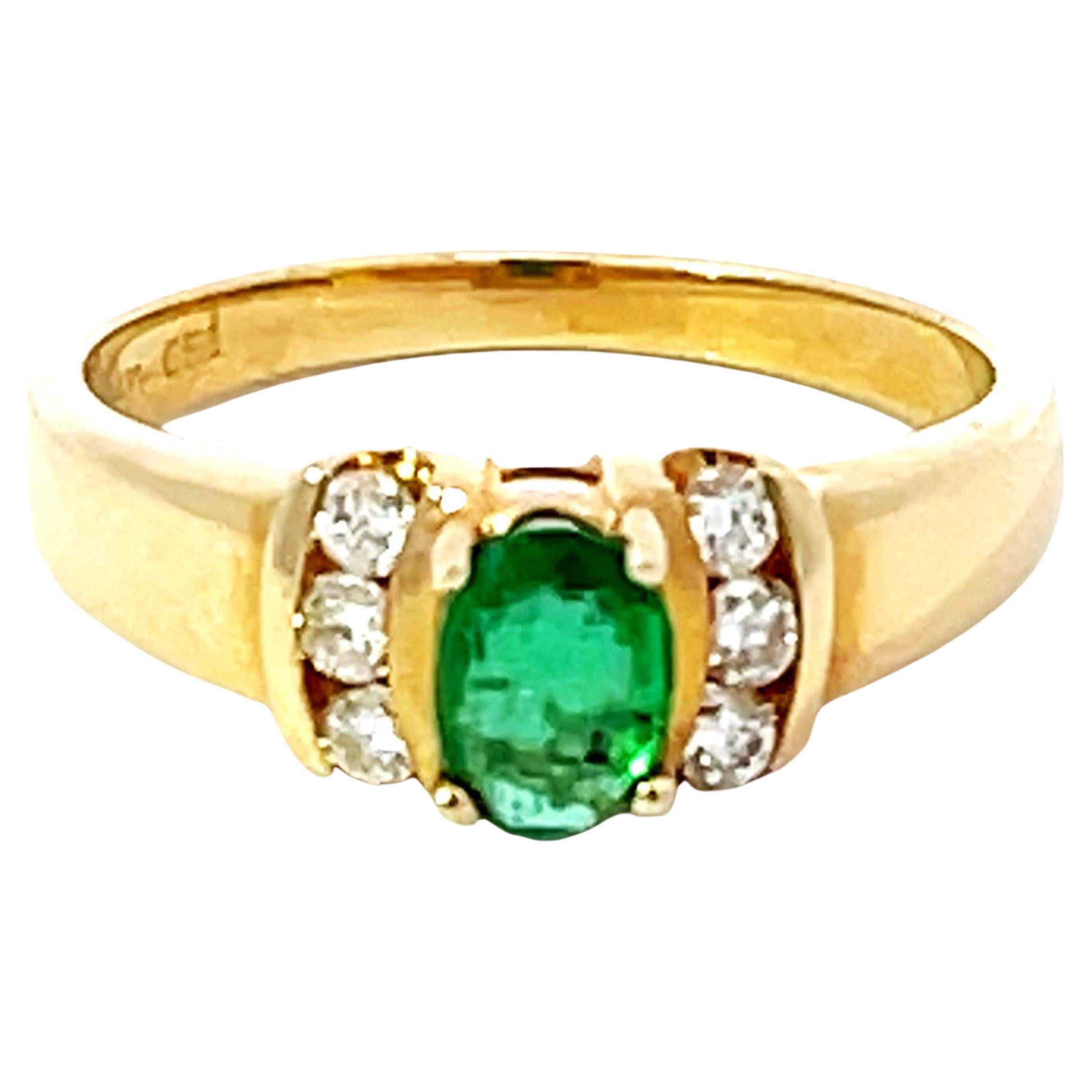 Oval Green Emerald and 6 Diamond Stackable Ring in 14k Yellow Gold