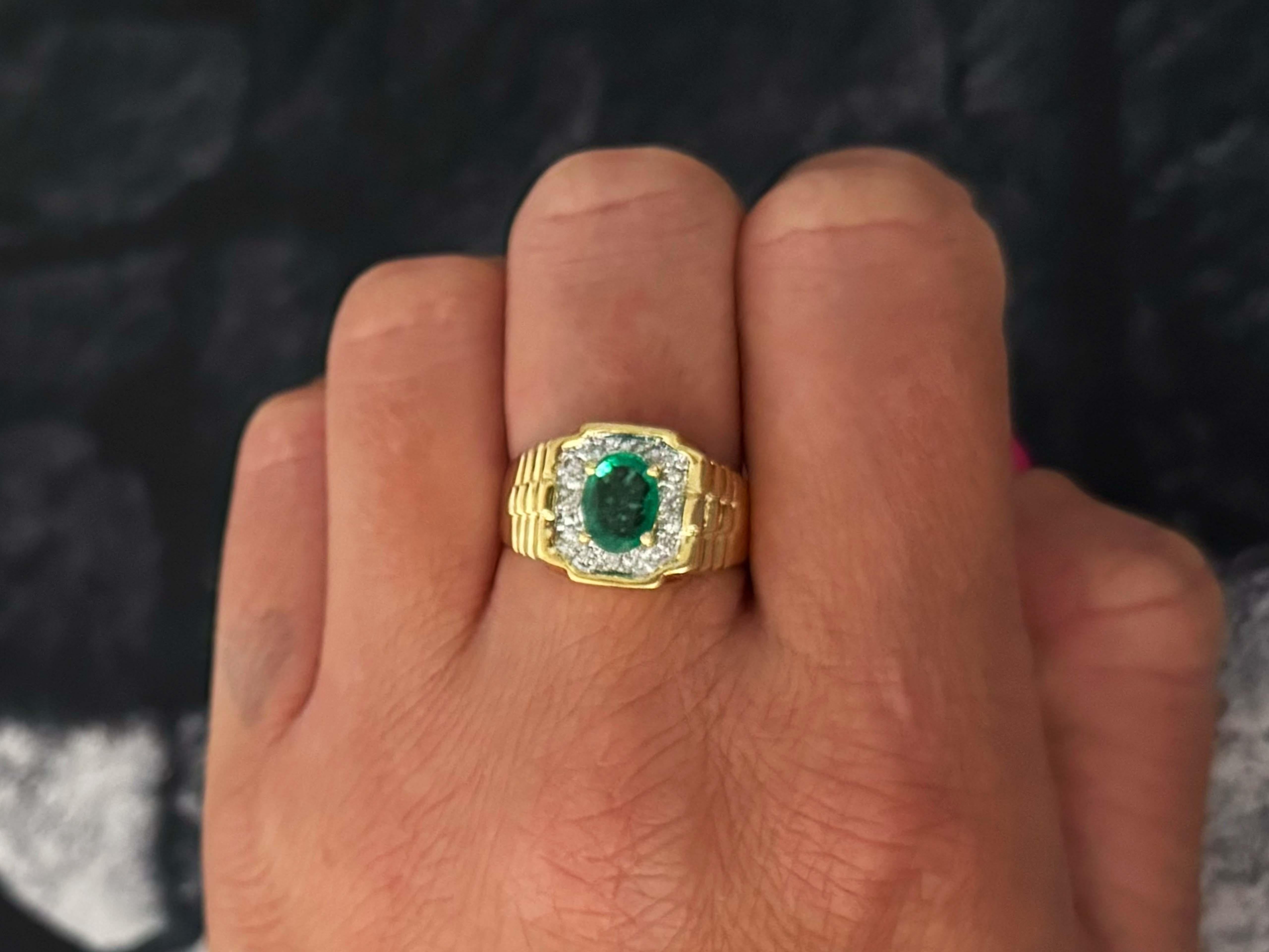 Item Specifications:

Metal: 18k Yellow Gold

Ring Size: 8.75

Total Weight: 7.1 Grams

Diamond Count: 12 brilliant cut 

Diamond Carat Weight: 0.12

Diamond Color: H-J

Diamond Clarity:  SI1-SI2

Gemstone Specifications:

Gemstone: 1 oval green