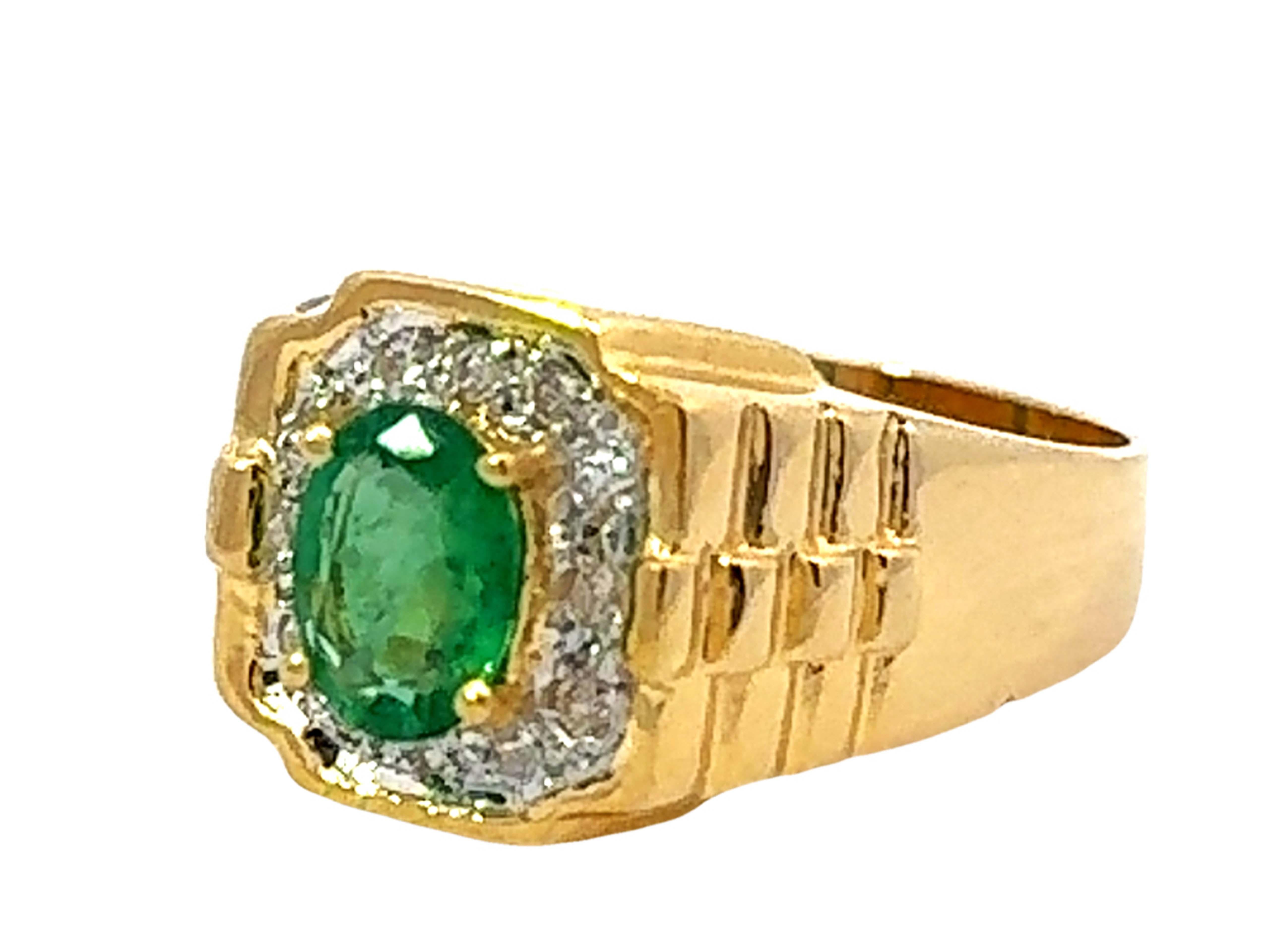 Oval Cut Oval Green Emerald and Diamond Halo Rolex Shoulders Ring 18k Yellow Gold For Sale