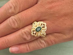 Oval Green Emerald and Diamond Ring 14k Yellow Gold