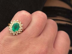 Oval Green Emerald and Double Diamond Halo Ring 14k Yellow Gold