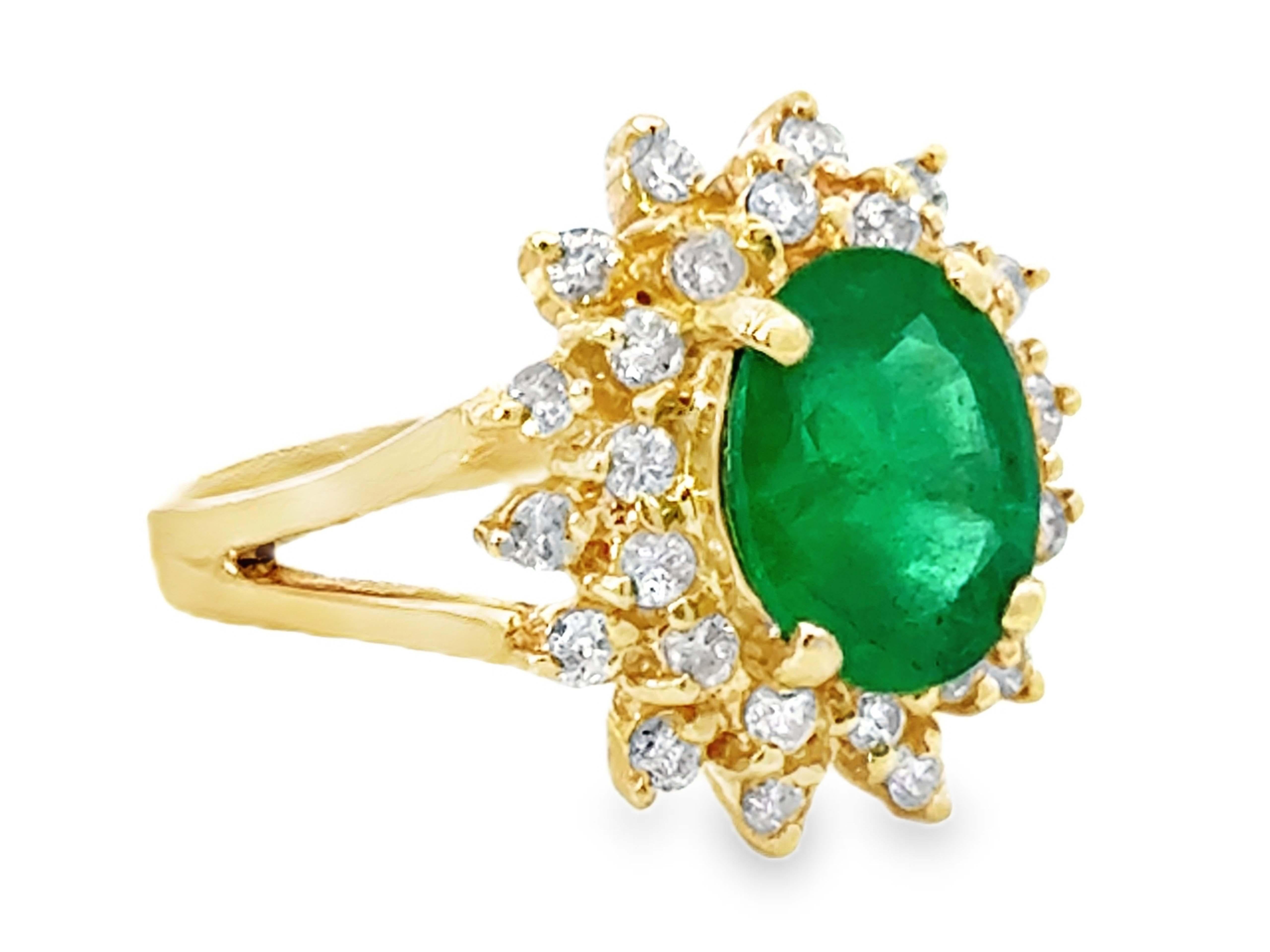 Oval Cut Oval Green Emerald and Double Diamond Halo Ring 14k Yellow Gold For Sale