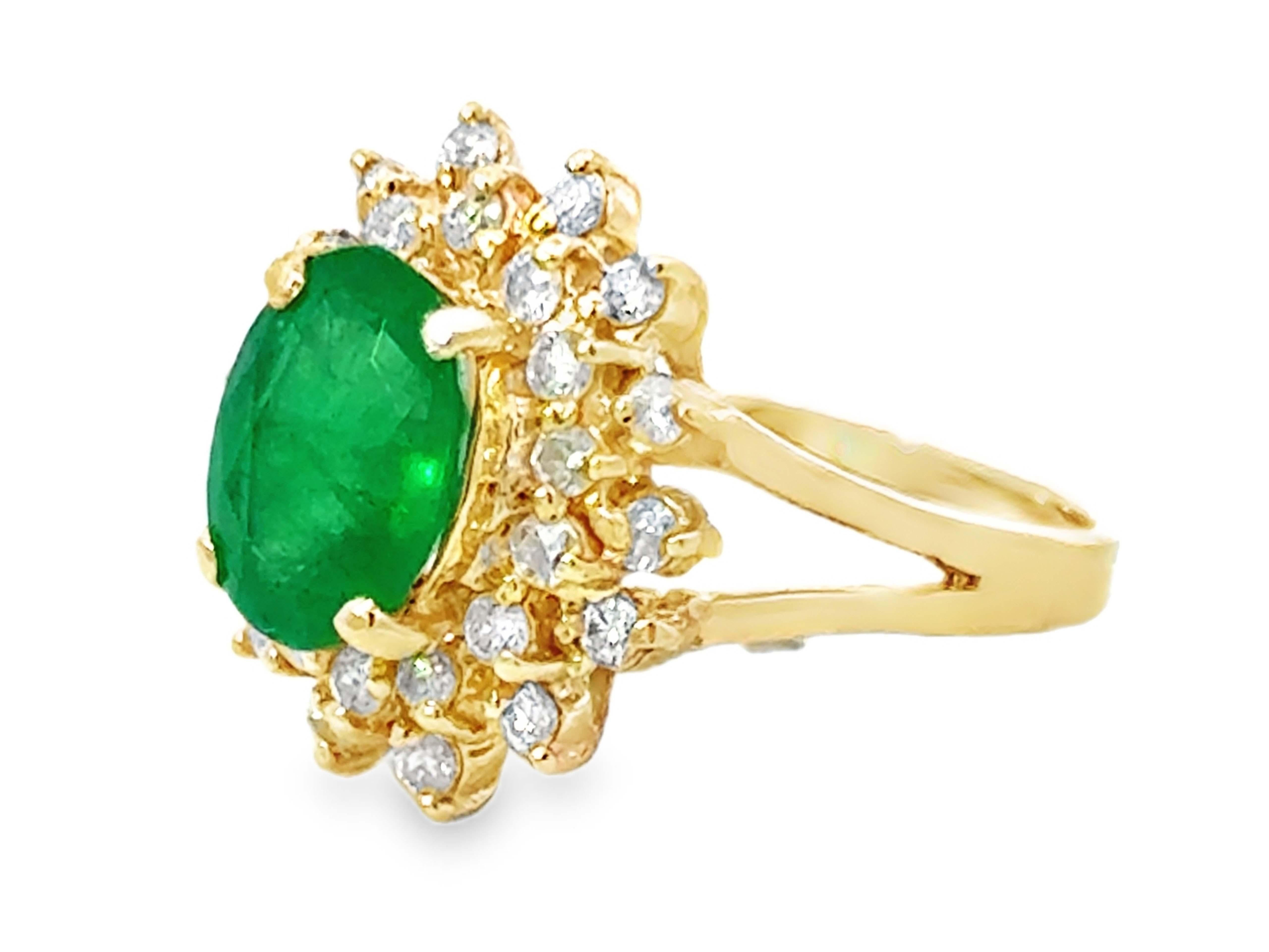 Oval Green Emerald and Double Diamond Halo Ring 14k Yellow Gold In Excellent Condition For Sale In Honolulu, HI