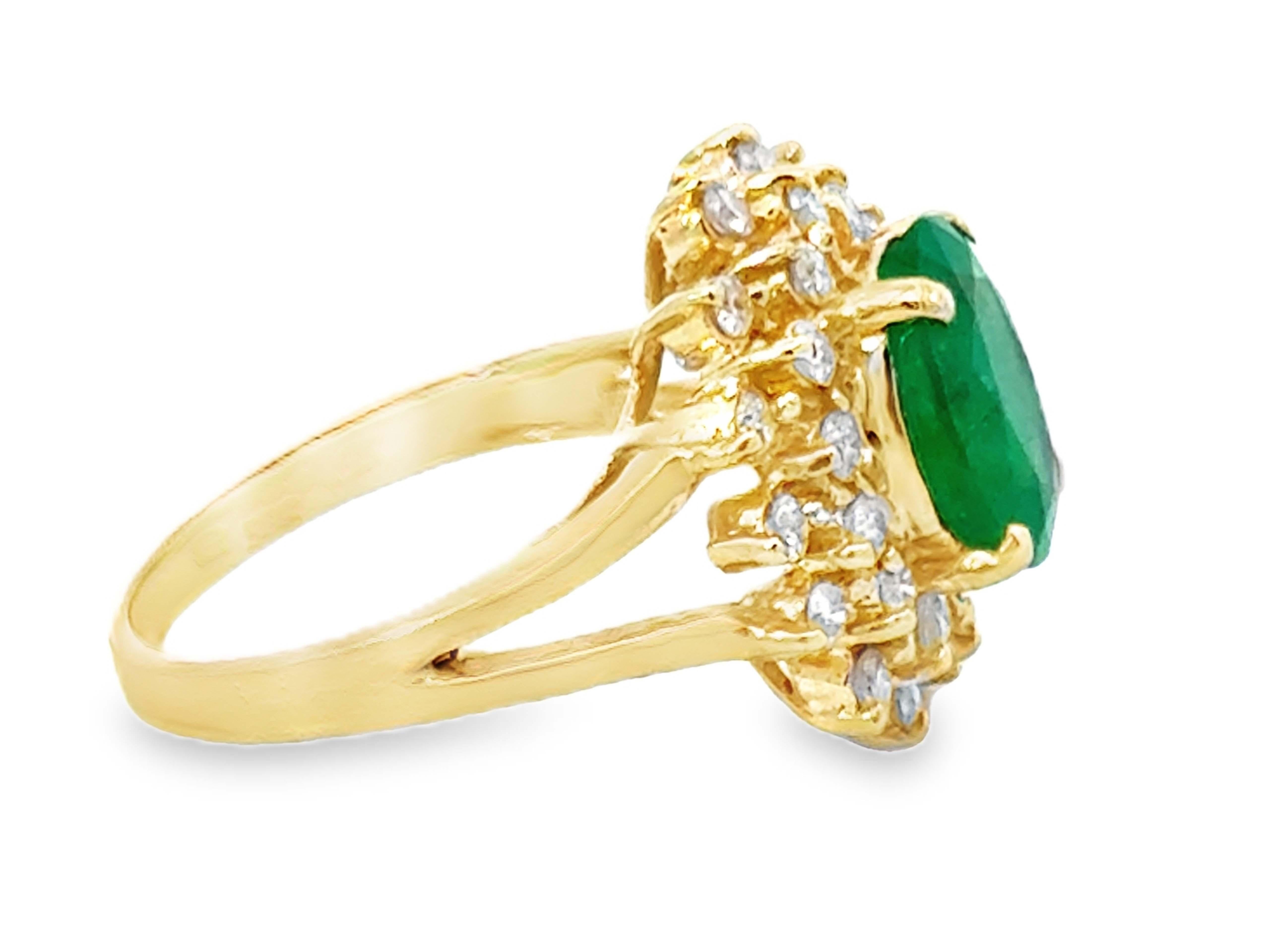 Women's or Men's Oval Green Emerald and Double Diamond Halo Ring 14k Yellow Gold For Sale