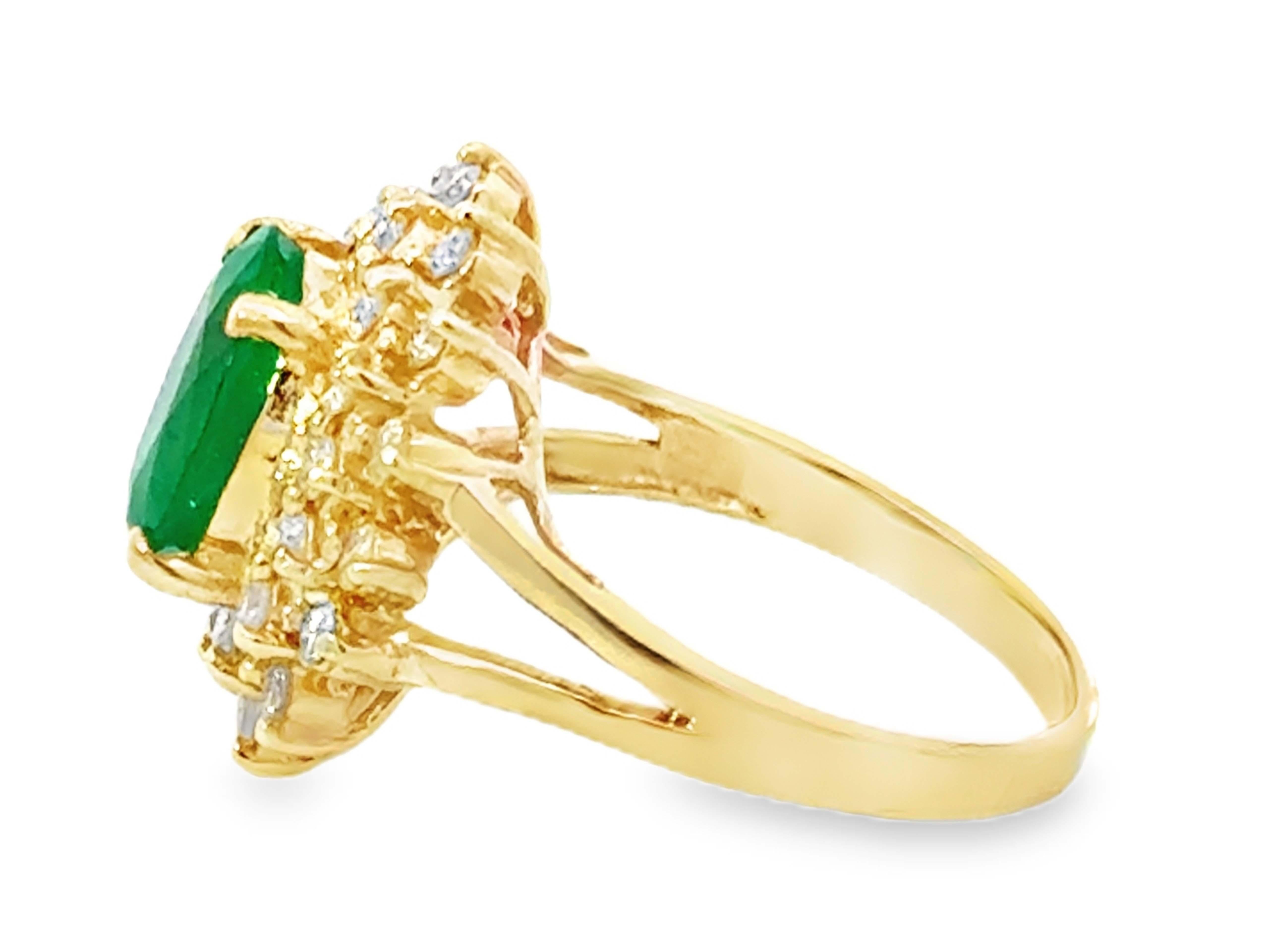 Oval Green Emerald and Double Diamond Halo Ring 14k Yellow Gold For Sale 1
