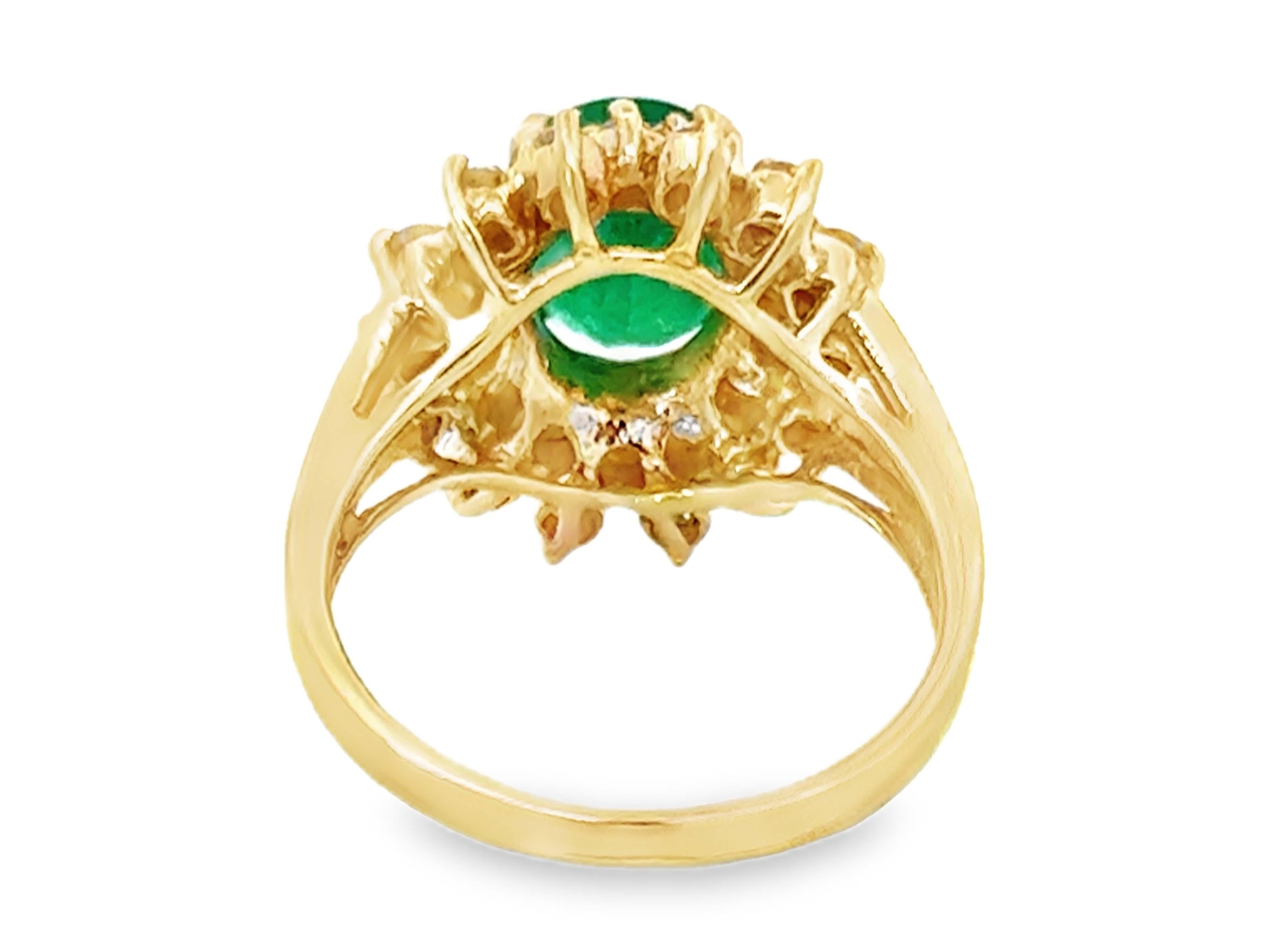 Oval Green Emerald and Double Diamond Halo Ring 14k Yellow Gold For Sale 2