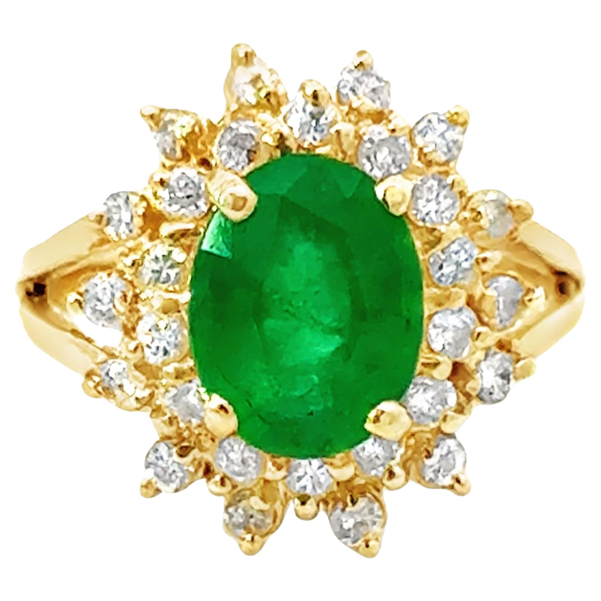 Oval Green Emerald and Double Diamond Halo Ring 14k Yellow Gold