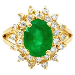 Oval Green Emerald and Double Diamond Halo Ring 14k Yellow Gold