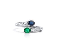 Dual Stone Oval Sapphire & Emerald Diamond Adjustable Bypass Ring in 18K Gold