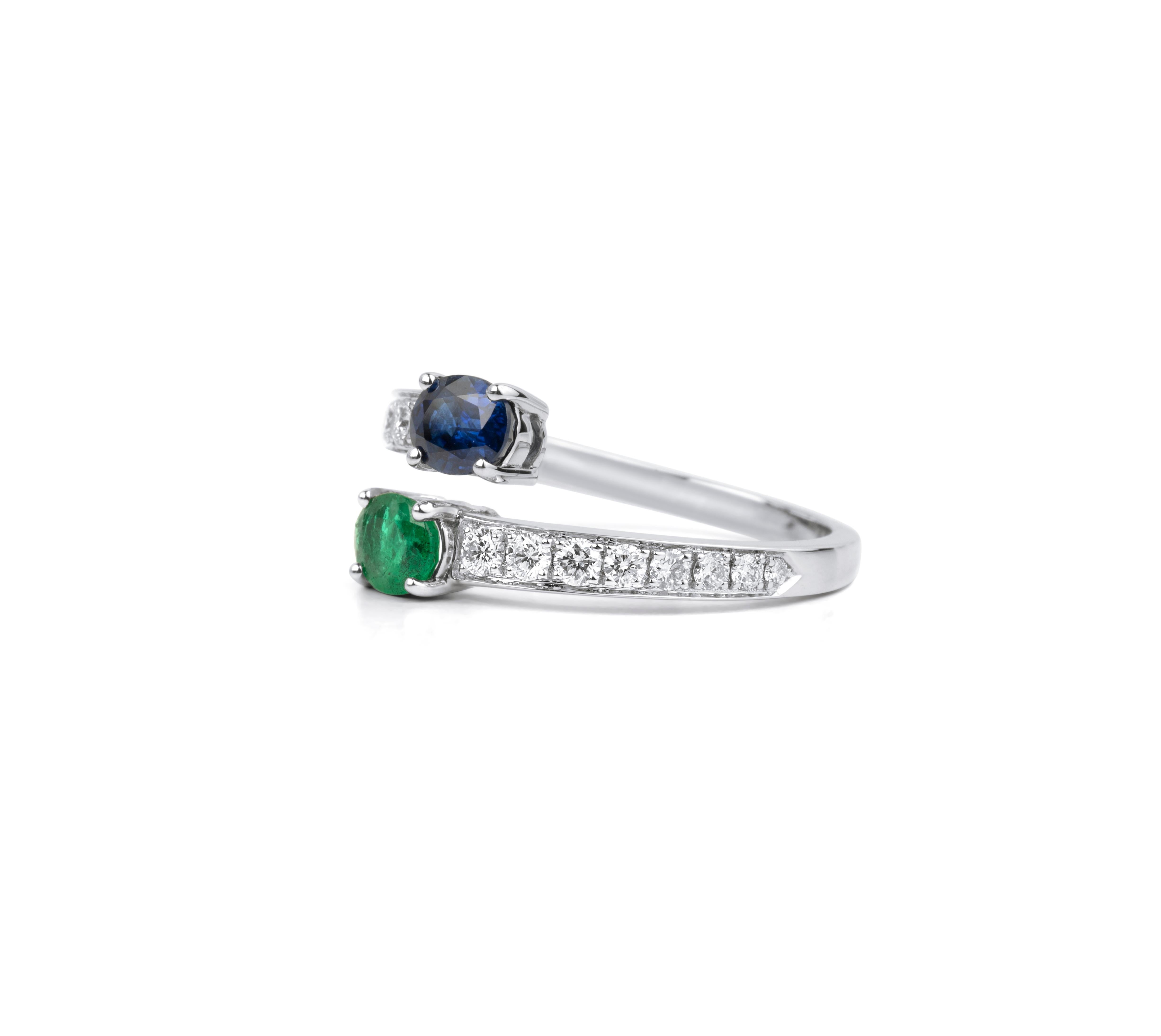 Art Deco Oval Green Emerald Blue Sapphire Diamond Adjustable Cocktail Engagement Ring For Sale