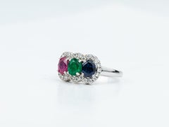1.4CT Natural Emerald, Sapphire, Ruby & Diamond Three-Stone Halo Engagement Ring