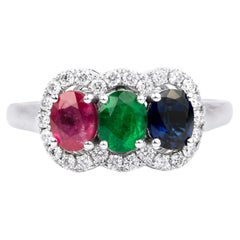 Oval Green Emerald Blue Sapphire Red Ruby Diamond Three Stone Engagement Ring