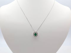 Oval Green Emerald Diamond Double Halo Pendant Necklace 18K White Gold