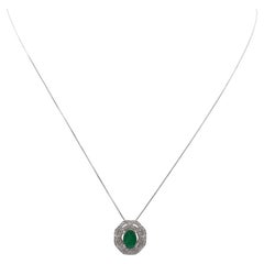 Oval Green Emerald Diamond Double Halo Pendant Necklace 18K White Gold
