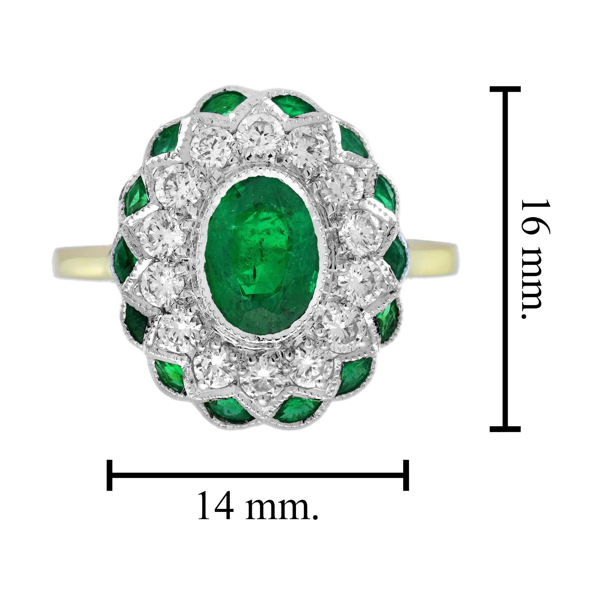 Bague en or 18 carats ornée d'un halo d'émeraudes vertes ovales et de diamants de style Art déco et floral en vente 5