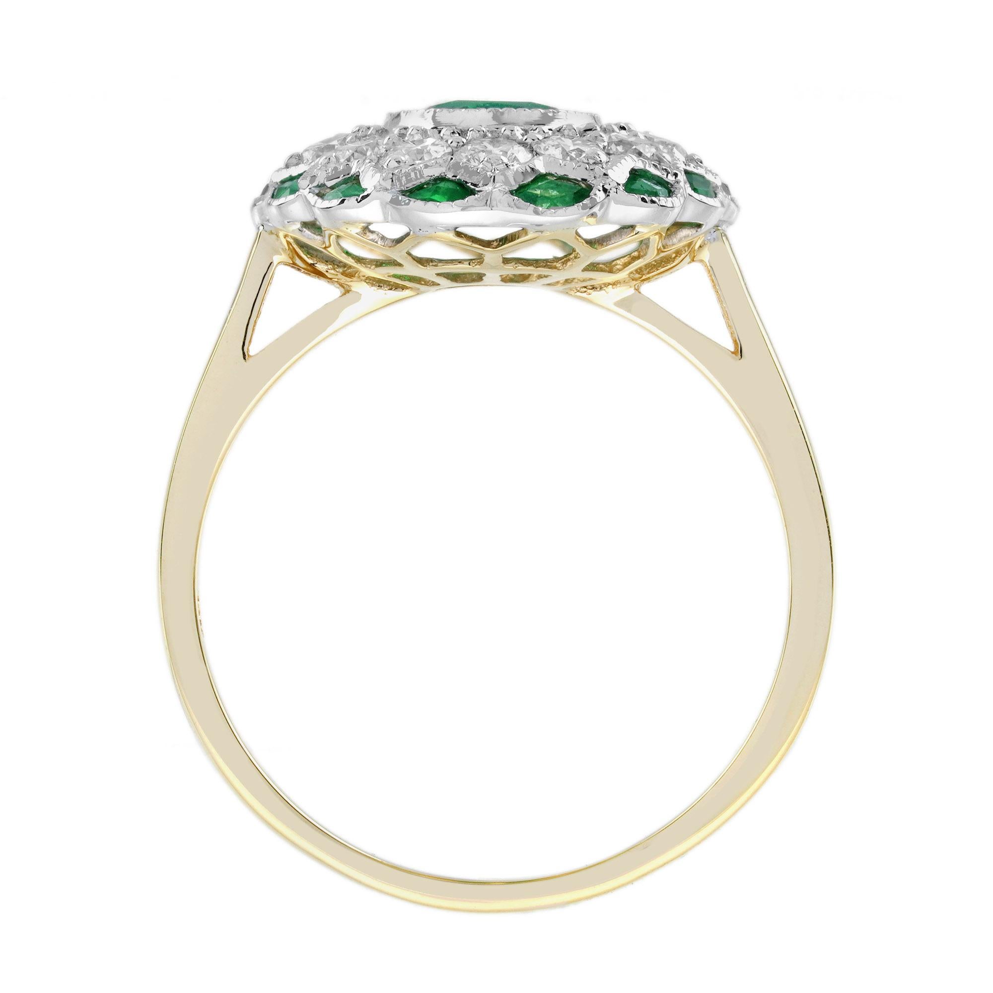 Bague en or 18 carats ornée d'un halo d'émeraudes vertes ovales et de diamants de style Art déco et floral Neuf - En vente à Oakton, VA