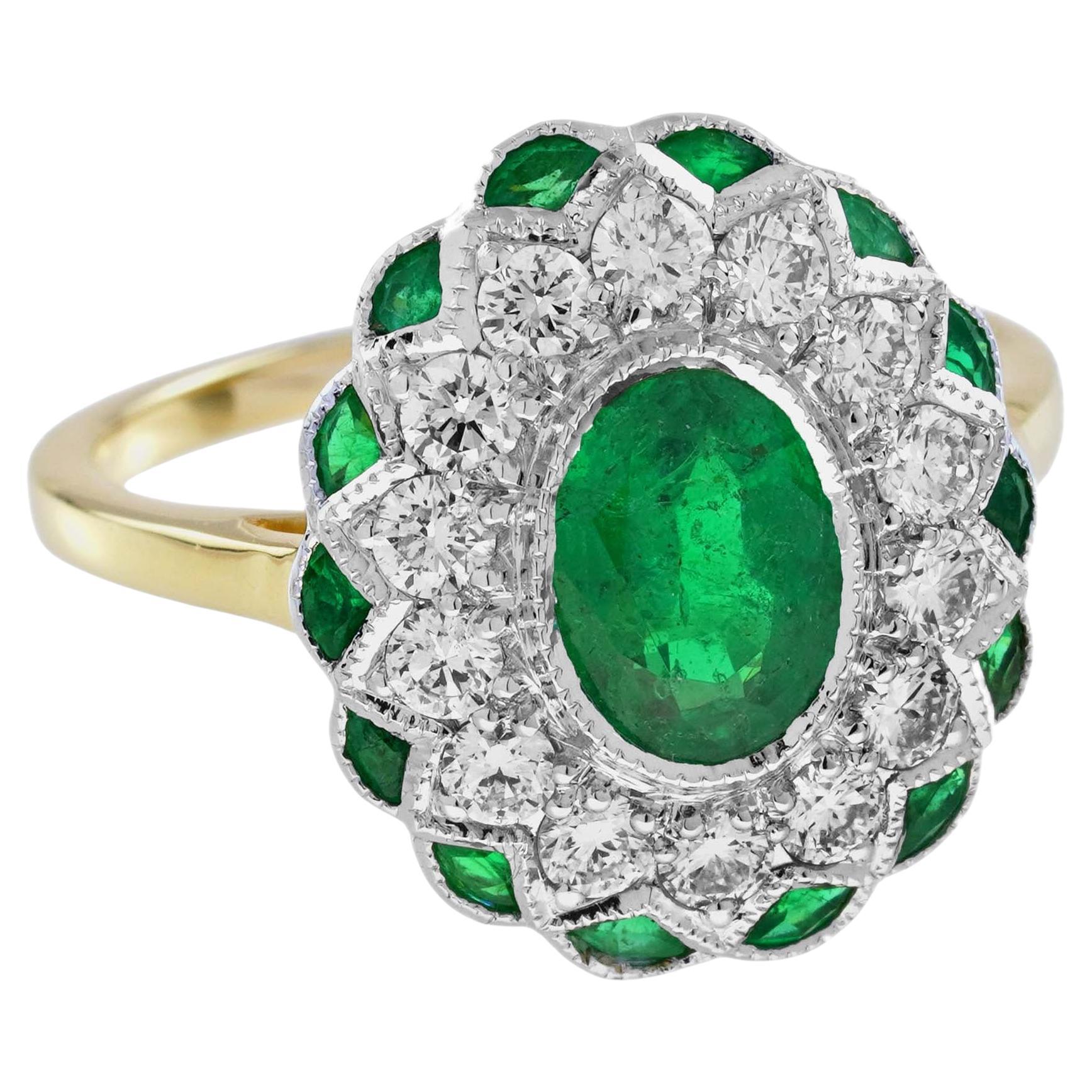 Oval Green Emerald & Diamond Halo Set Art Deco Style Floral 18K Gold Ring