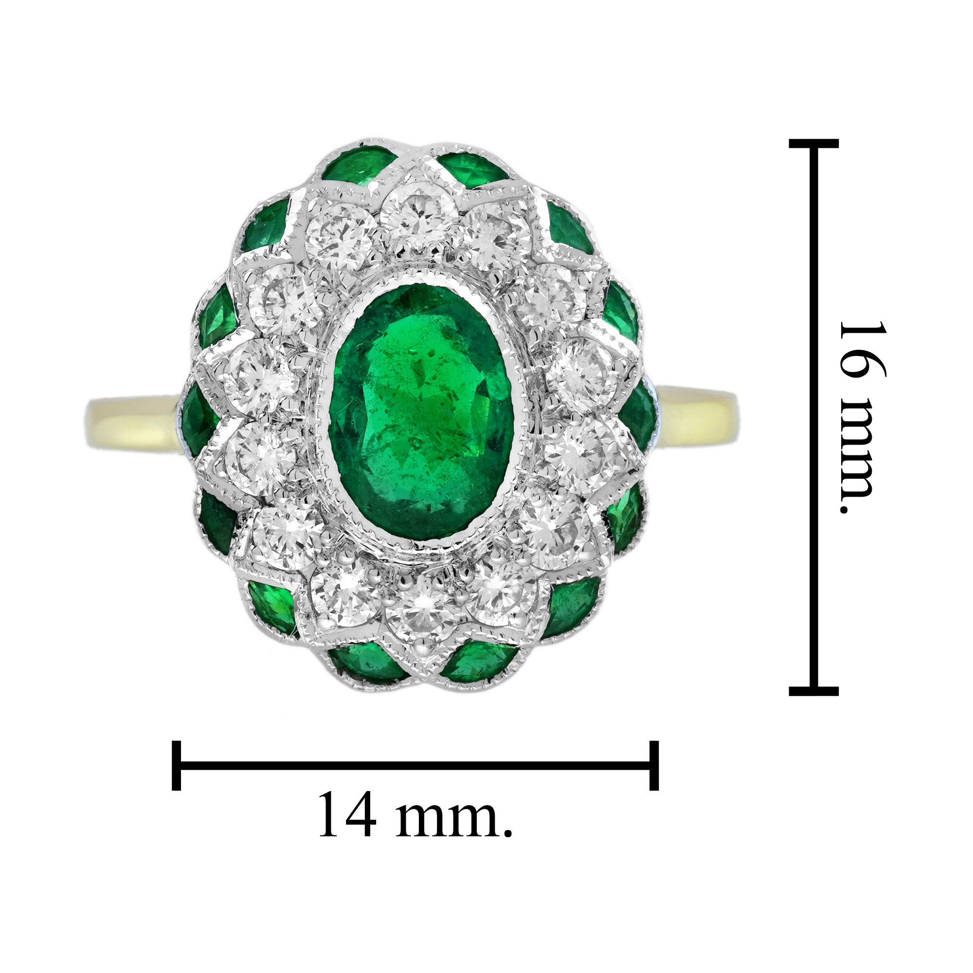 De las mujeres Esmeralda Verde Ovalada Diamante Estilo Art Déco Floral Dos Anillos de Oro en venta