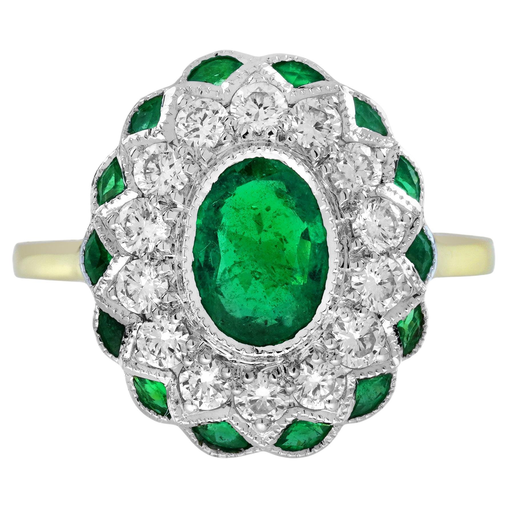 Esmeralda Verde Ovalada Diamante Estilo Art Déco Floral Dos Anillos de Oro