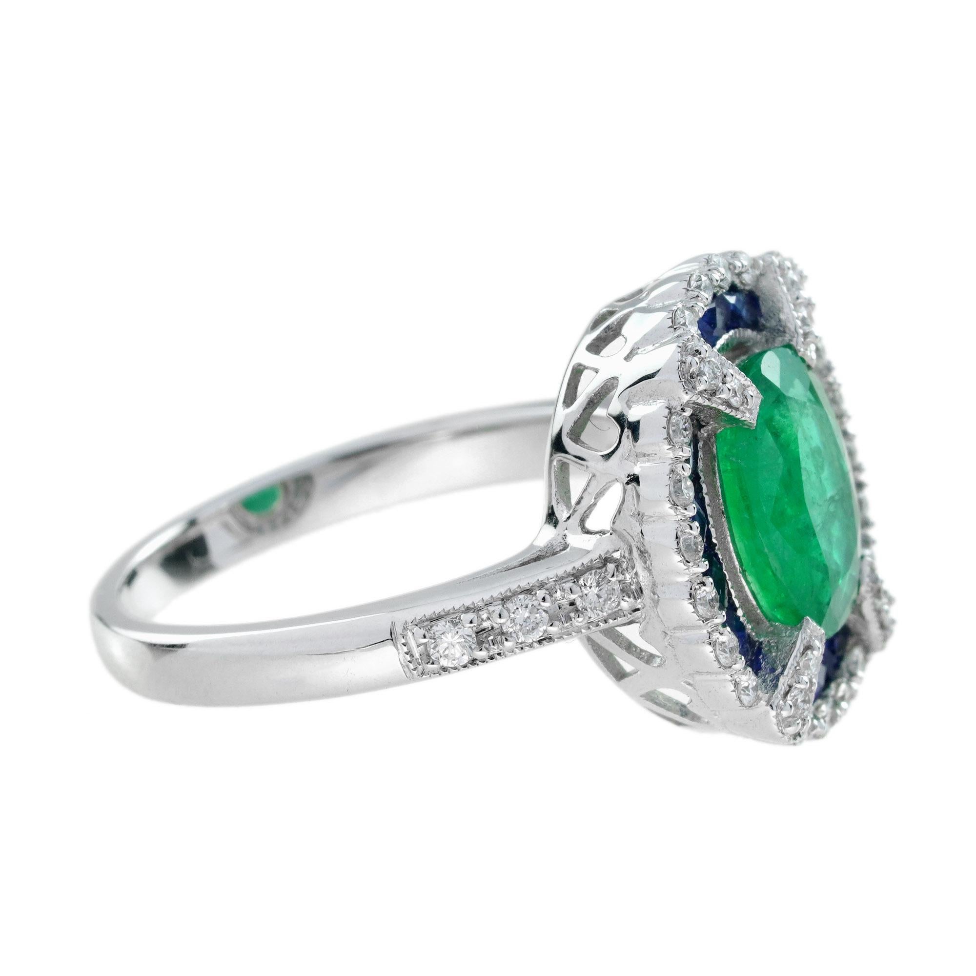 Oval Green Emerald & Sapphire Diamond Art Deco Style Halo 18K White Gold Ring (Art déco) im Angebot