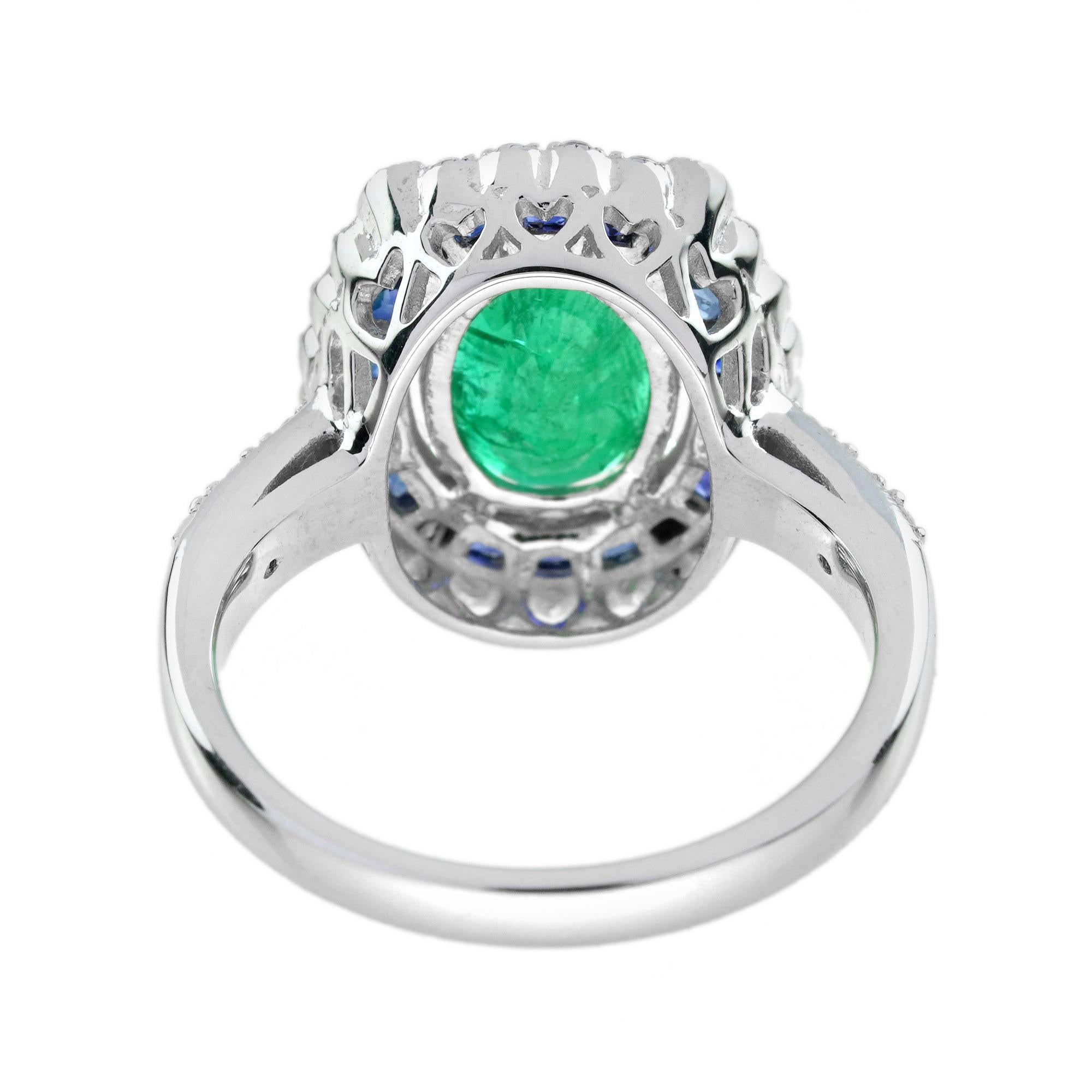 Oval Green Emerald & Sapphire Diamond Art Deco Style Halo 18K White Gold Ring (Ovalschliff) im Angebot