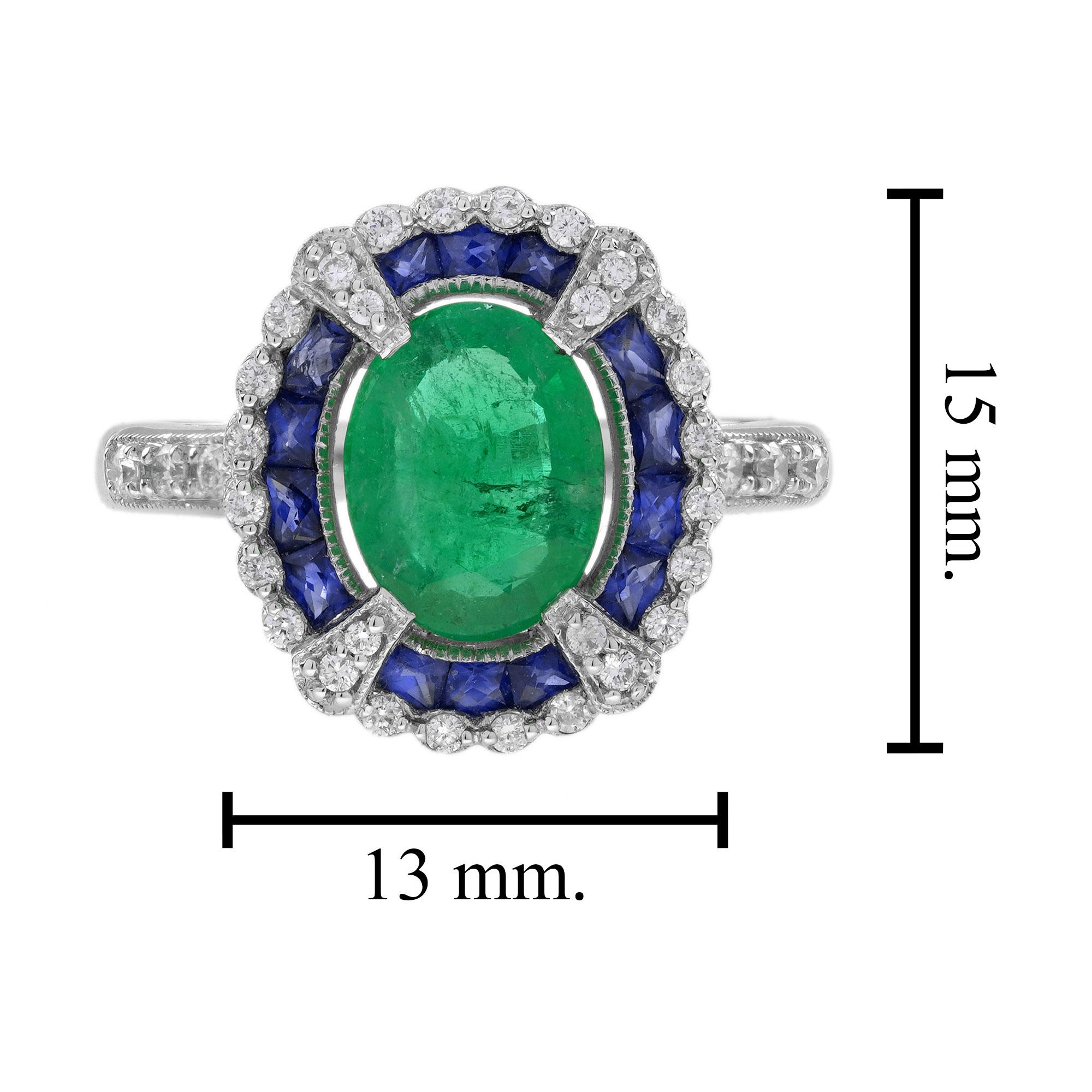 Oval Green Emerald & Sapphire Diamond Art Deco Style Halo 18K White Gold Ring im Angebot 1