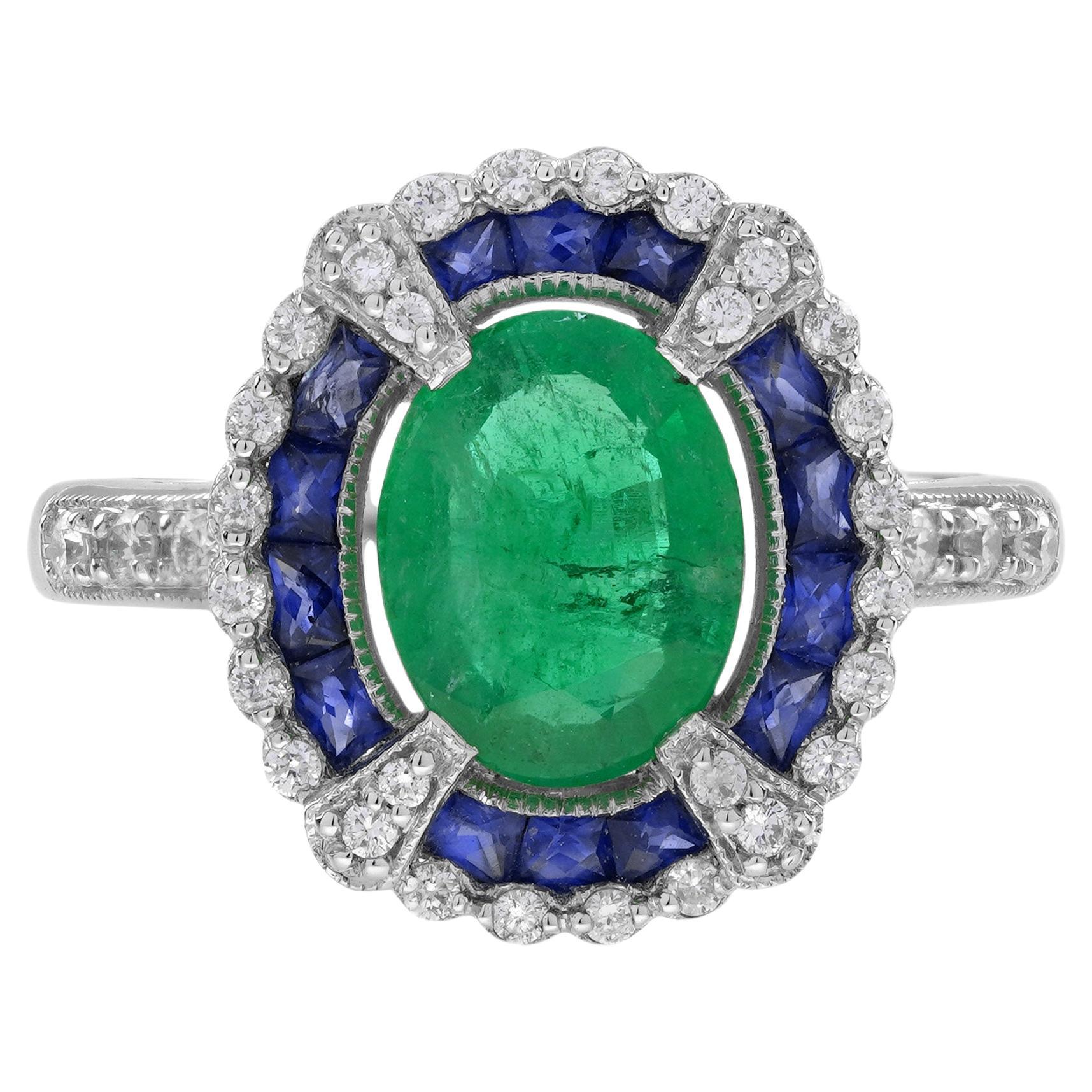 Oval Green Emerald & Sapphire Diamond Art Deco Style Halo 18K White Gold Ring
