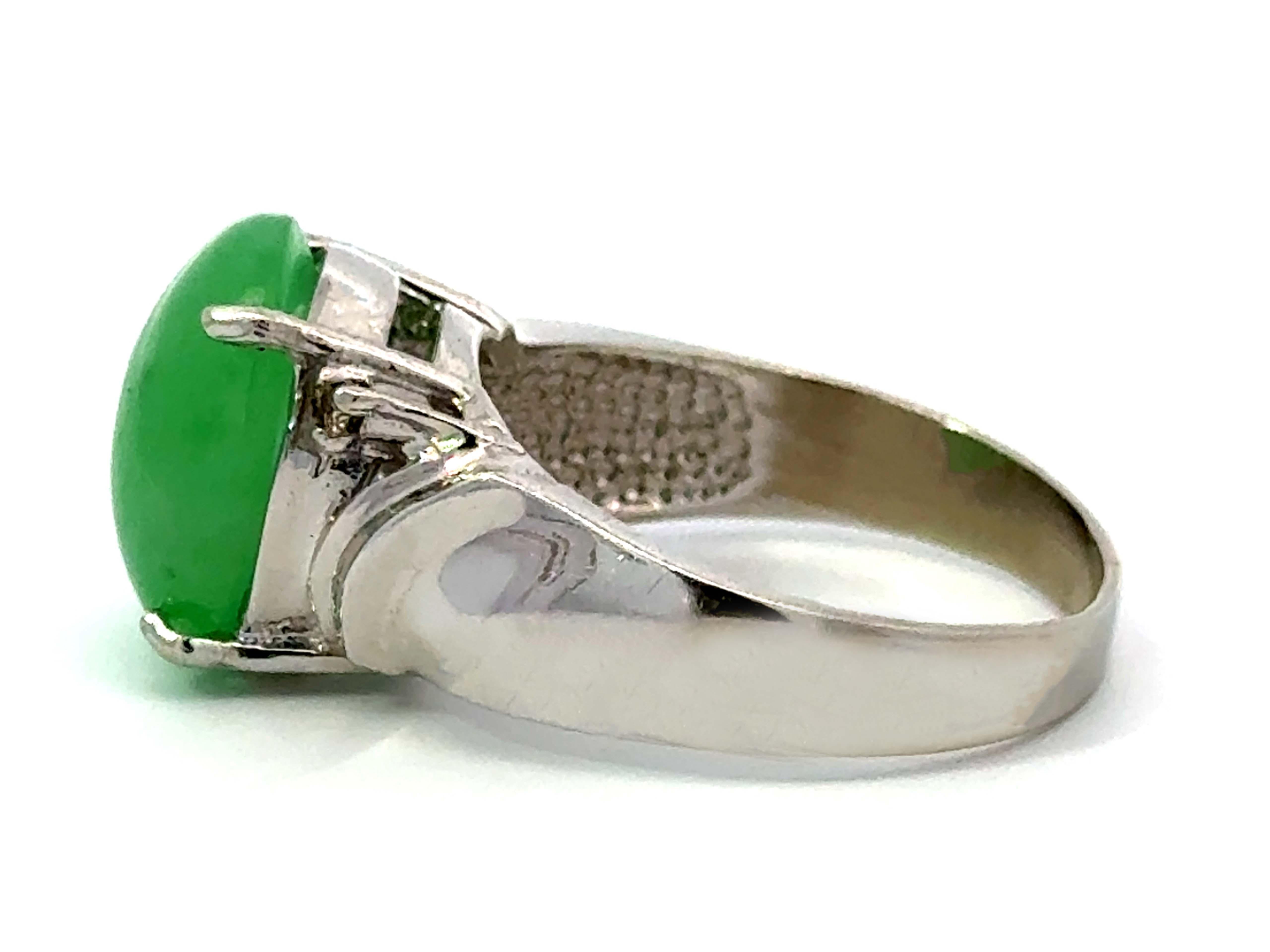 Women's Oval Green Jade Cabochon Diamond Ring 14k White Gold For Sale