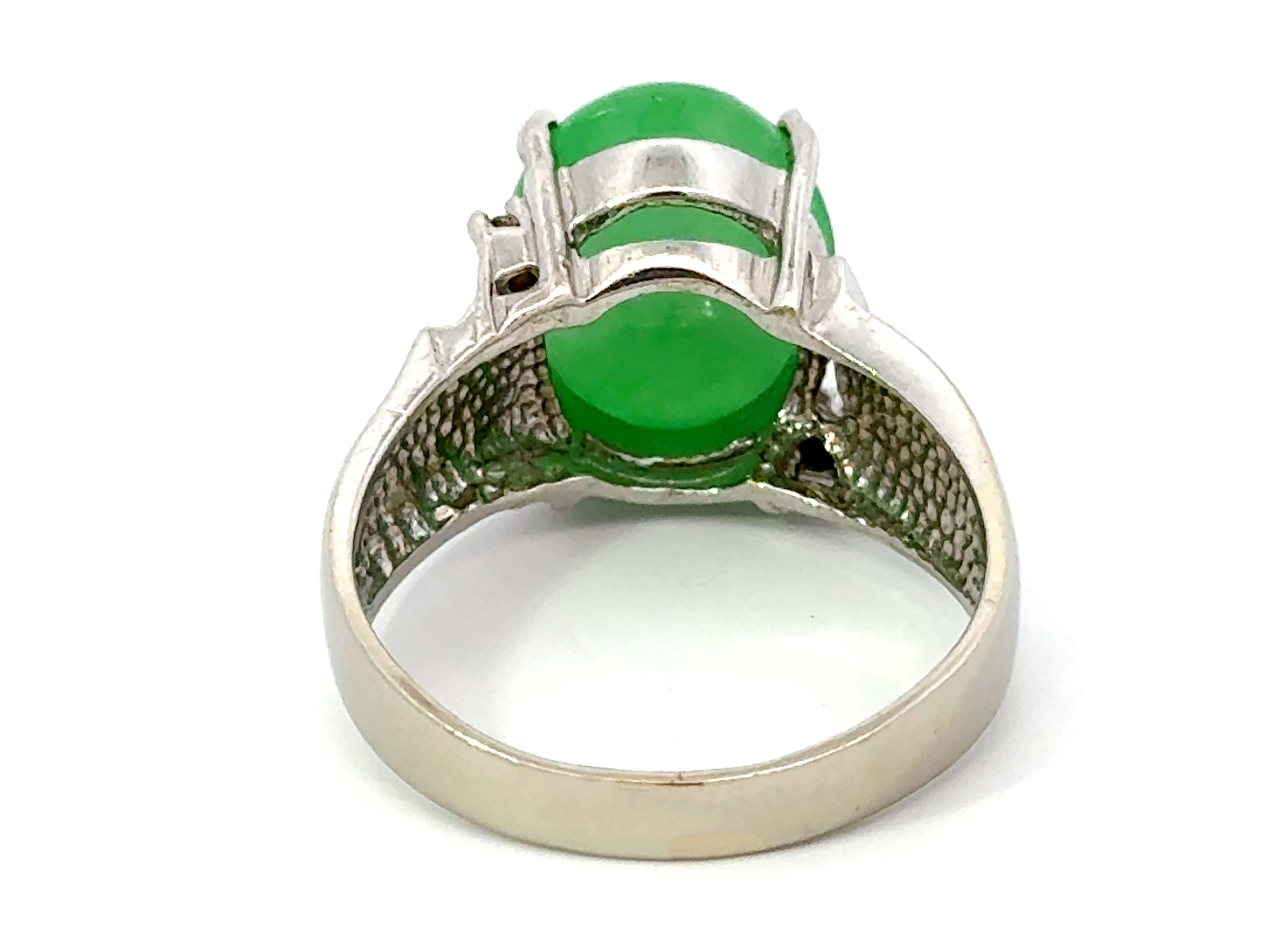 Oval Green Jade Cabochon Diamond Ring 14k White Gold For Sale 1
