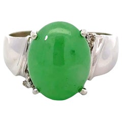 Oval Green Jade Cabochon Diamond Ring 14k White Gold