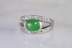 Oval Green Jade Diamond Retro Platinum Ring