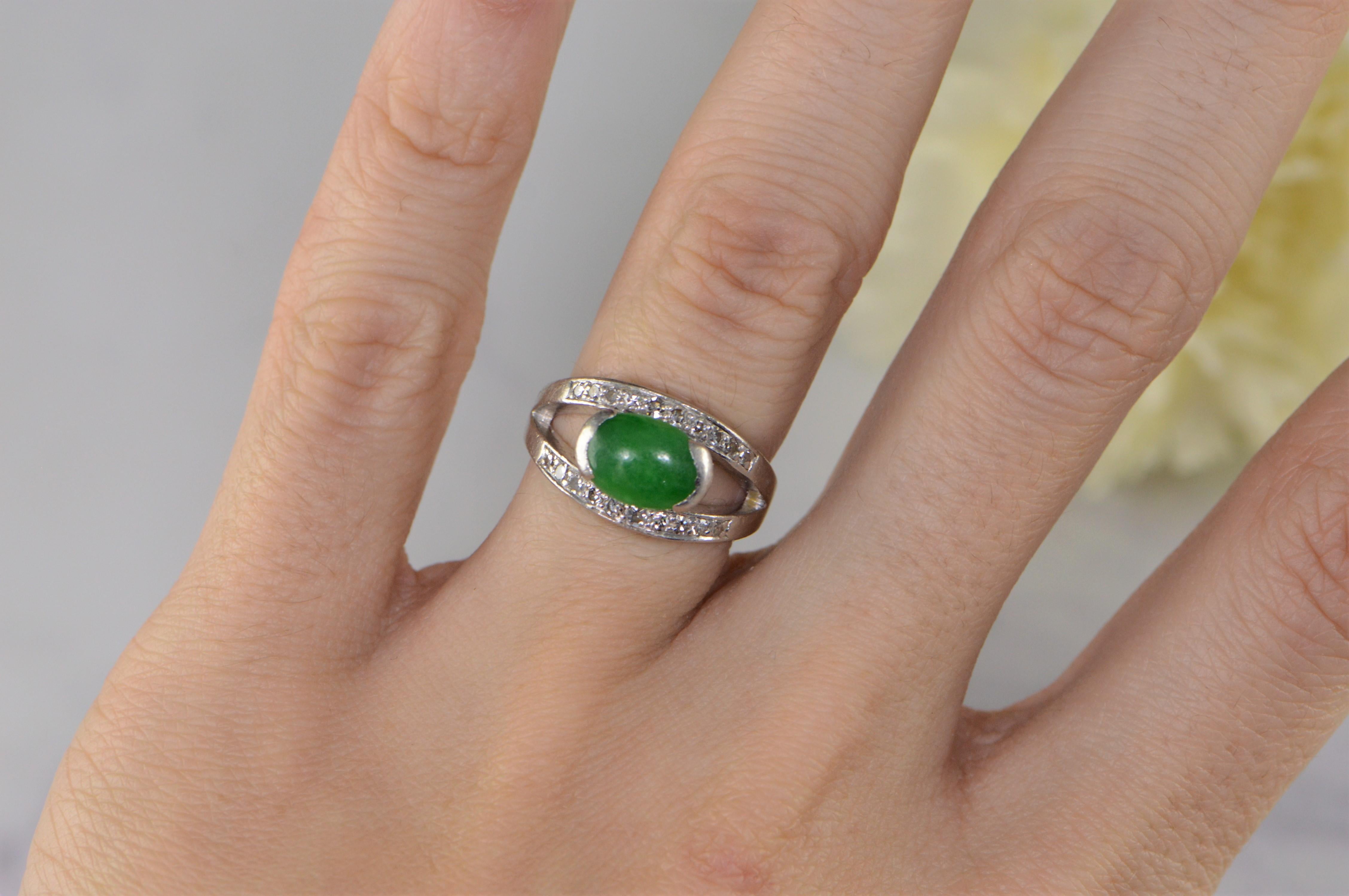 Oval Green Jade Diamond Retro Platinum Ring For Sale 4